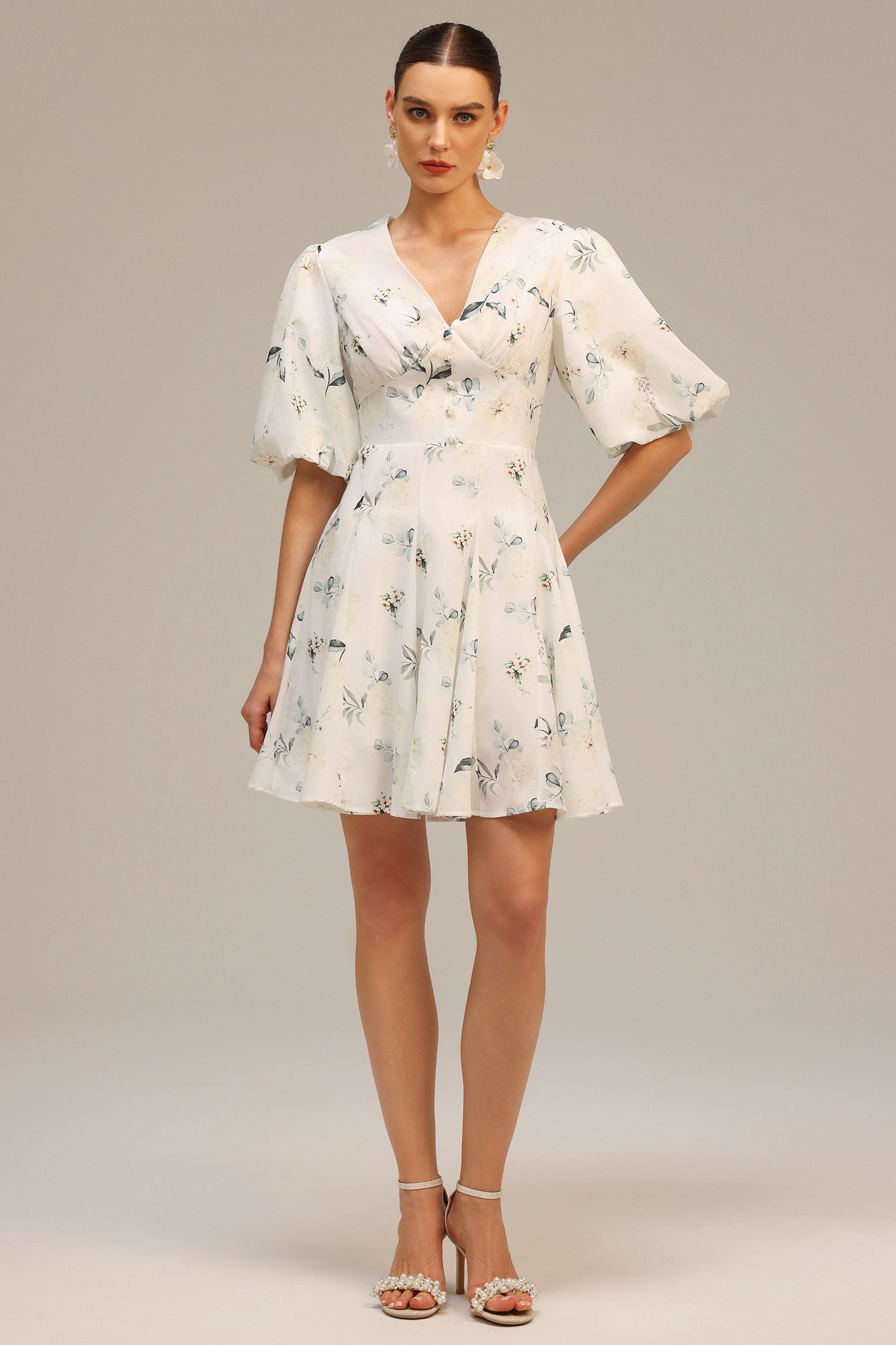 Katherine White Floral Print V-Neck Puff Sleeve Dress