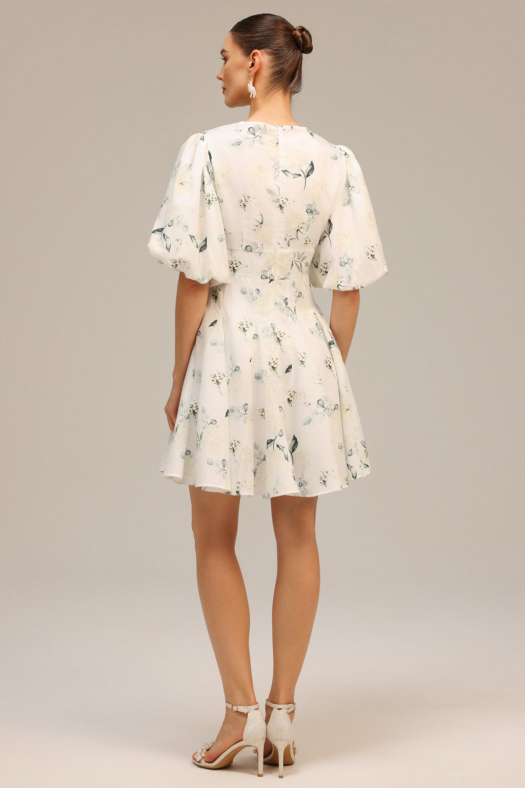 Katherine White Floral Print V-Neckline Puff Sleeve Dress