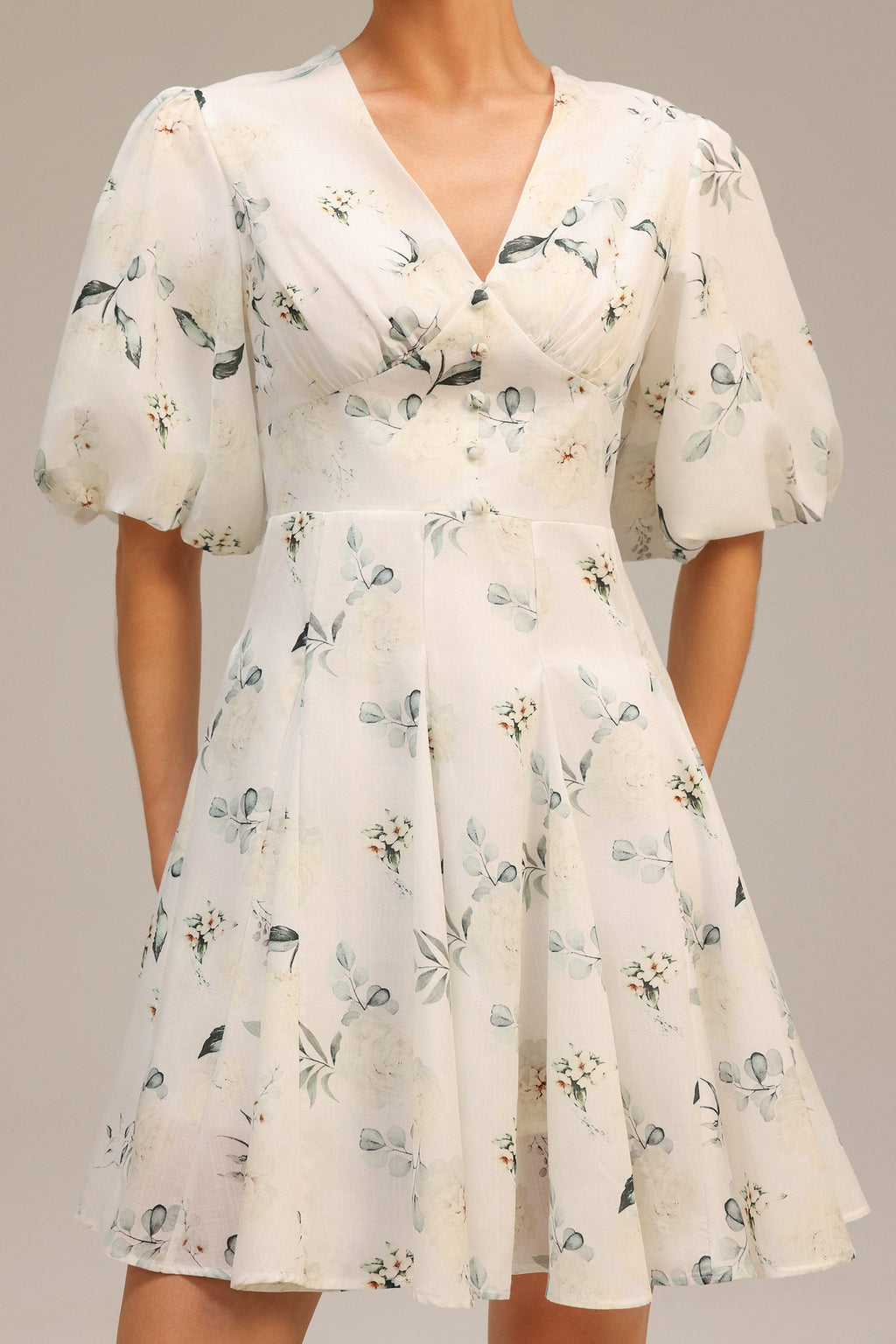 Katherine White Floral Print V-Neck Puff Sleeve Dress