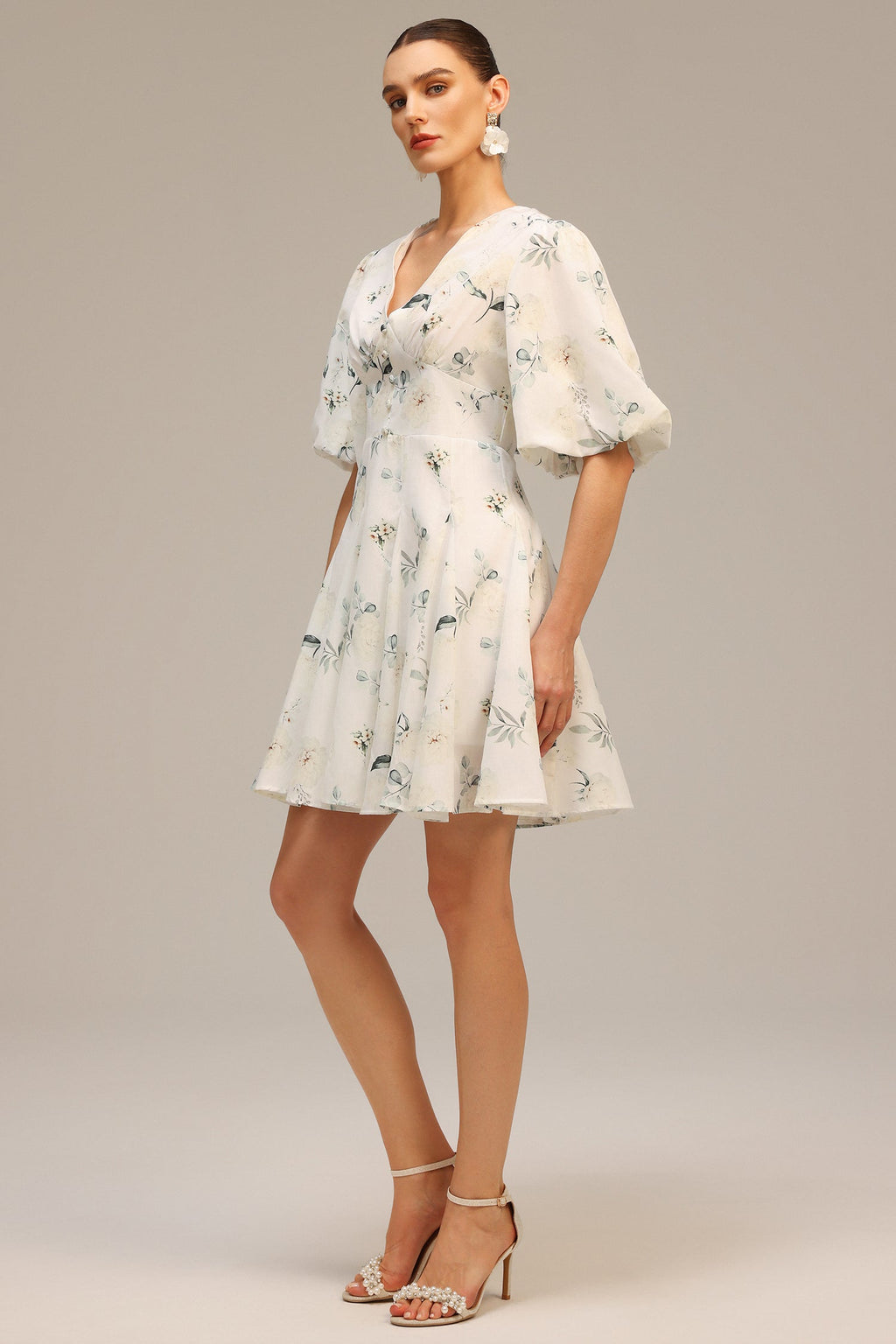 Katherine White Floral Print V-Neck Puff Sleeve Dress