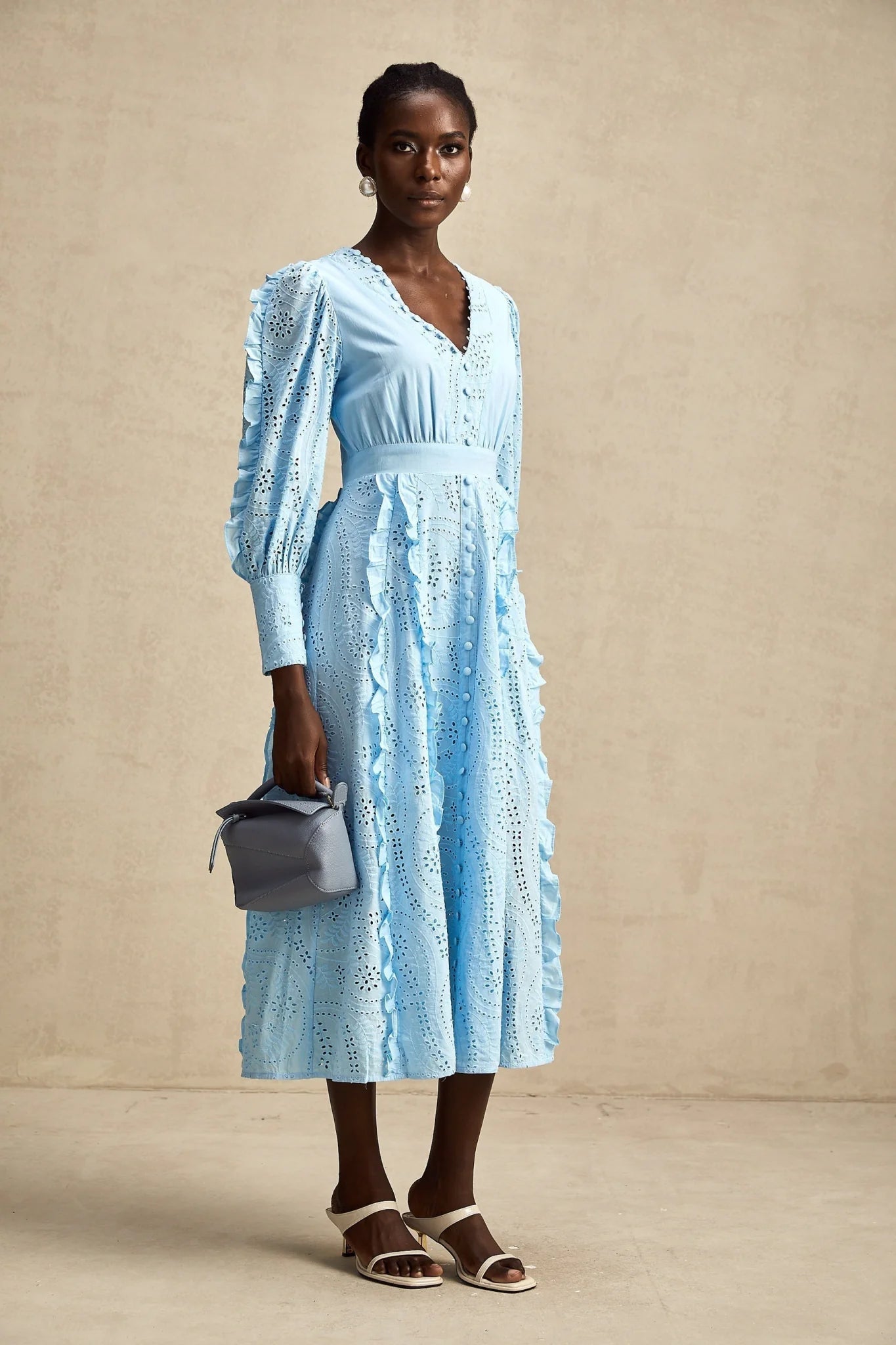 Kayla Midi Dress Blue Ruffled Balloon Sleeves Openwork Detailing Zip Back & Front Buttons