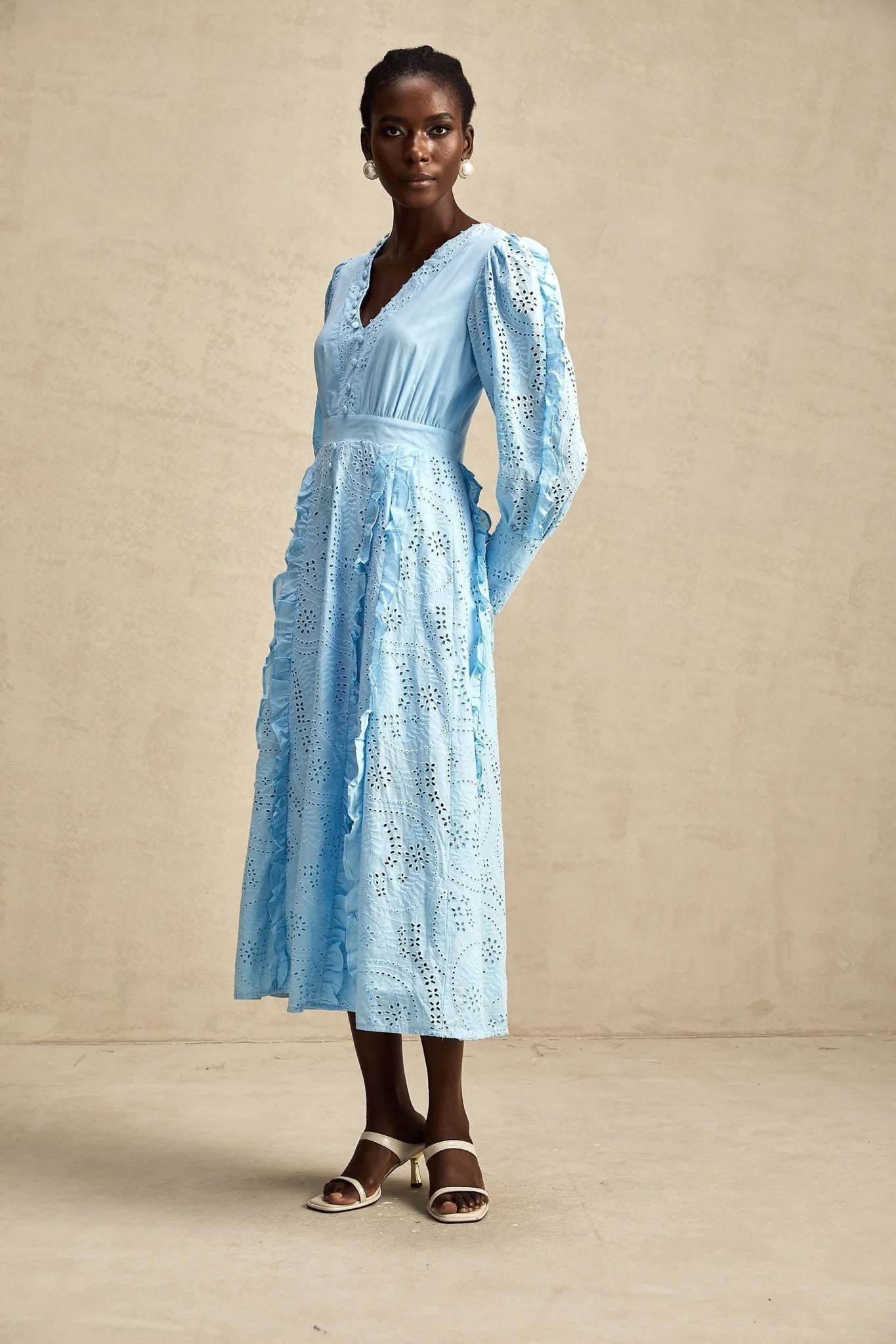 Kayla Midi Dress Blue Ruffled Balloon Sleeves Openwork Detailing Zip Back & Front Buttons