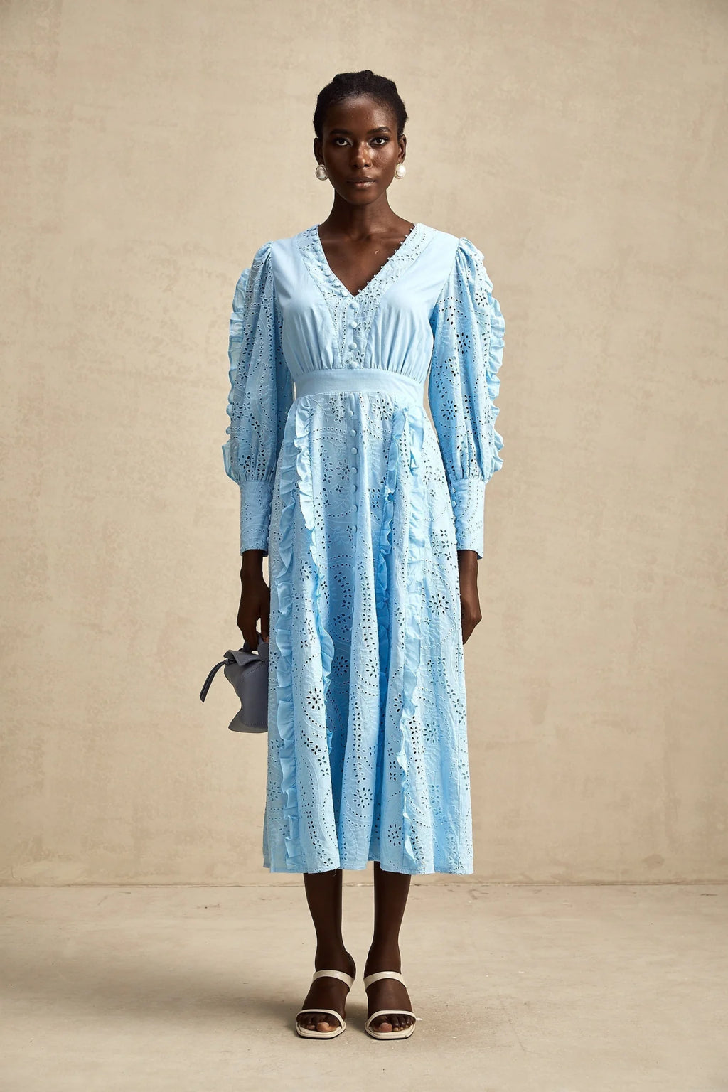 Kayla Midi Dress Blue Ruffled Balloon Sleeves Openwork Detailing Zip Back & Front Buttons