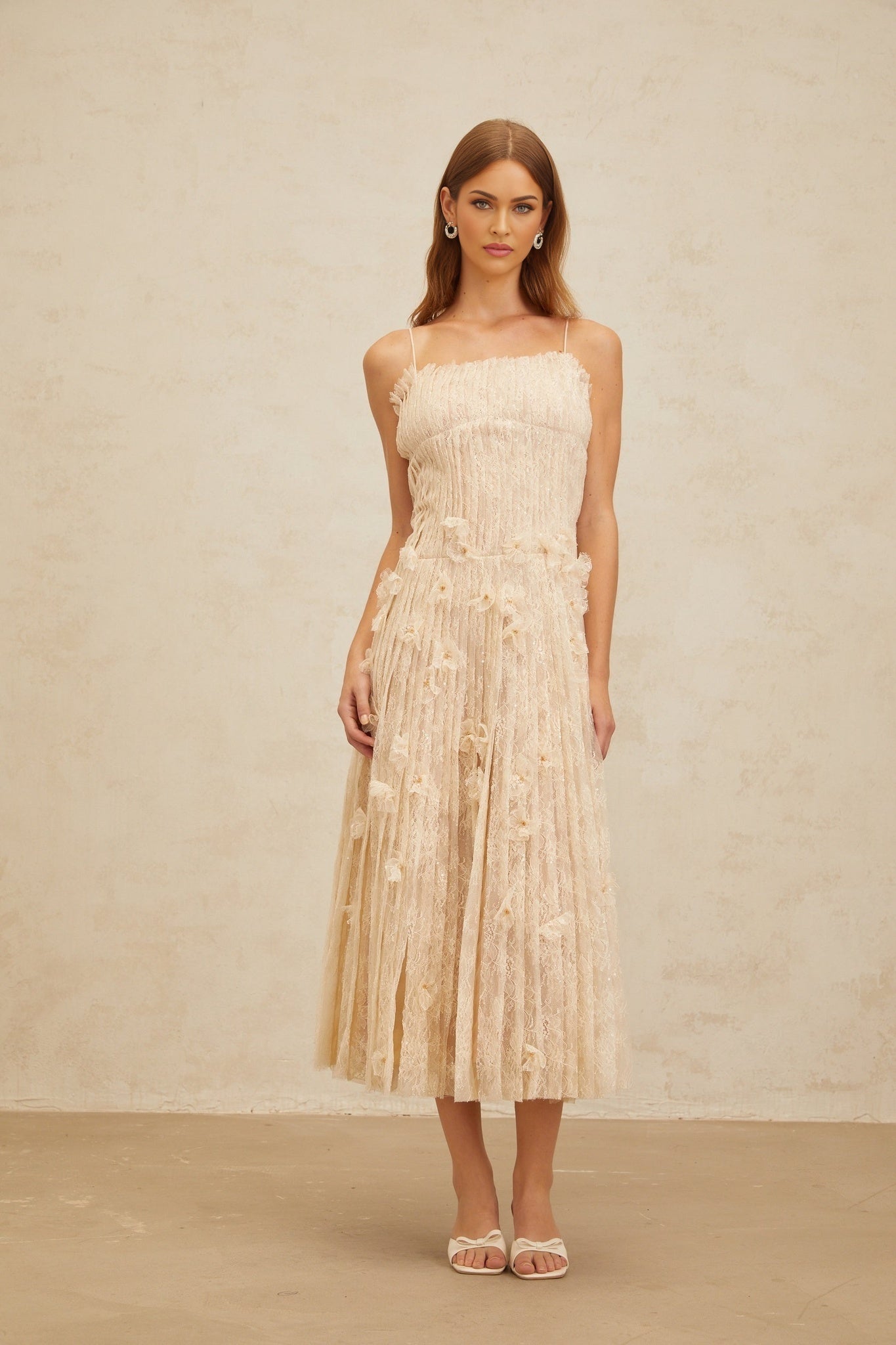 Kayla Midi Dress - Square Neck - Spaghetti Straps - Pleated Design - Bead & Sequin Detail - Floral Lace