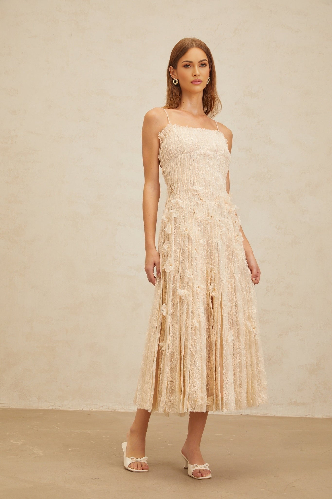 Kayla Midi Dress - Square Neck - Spaghetti Straps - Pleated Design - Bead & Sequin Detail - Floral Lace
