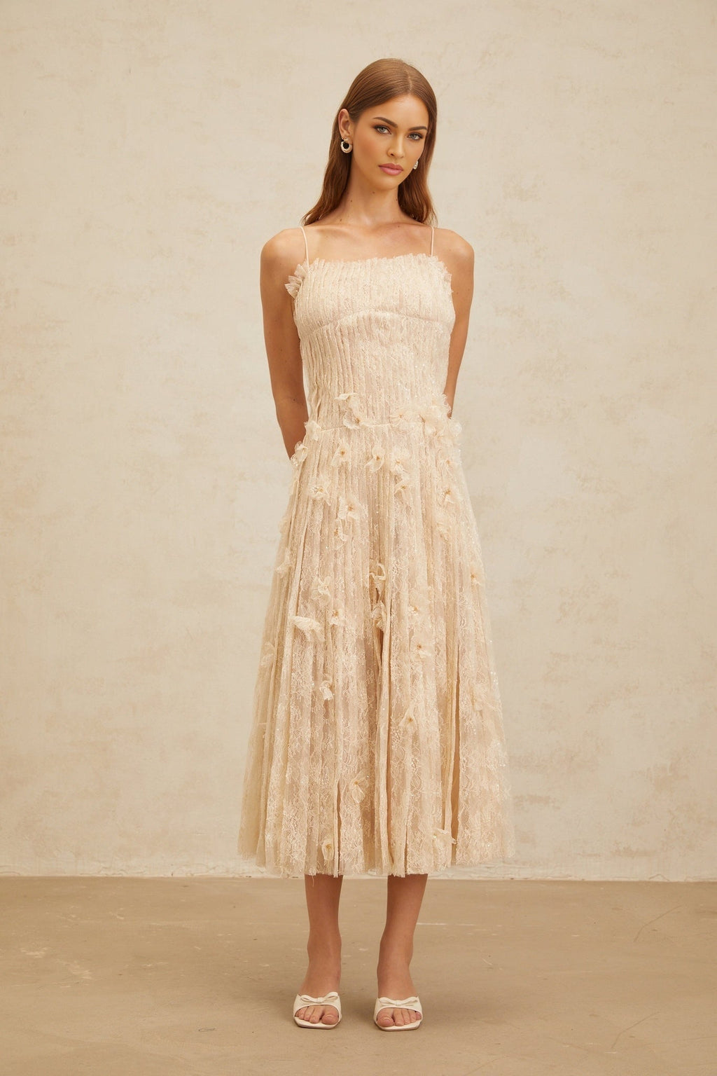 Kayla Midi Dress - Square Neck - Spaghetti Straps - Pleated Design - Bead & Sequin Detail - Floral Lace