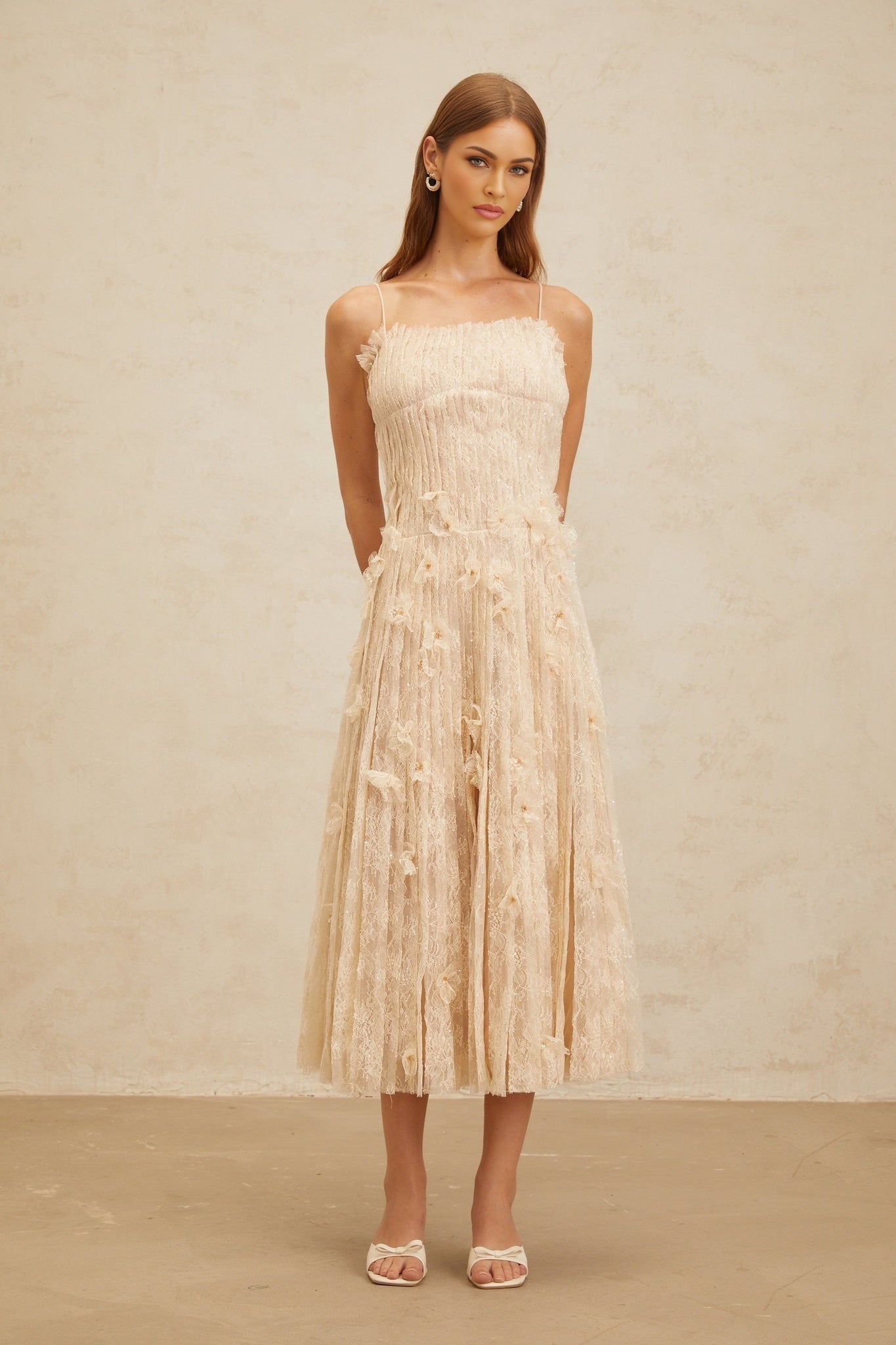 Kayla Midi Dress - Square Neck - Spaghetti Straps - Pleated Design - Bead & Sequin Detail - Floral Lace