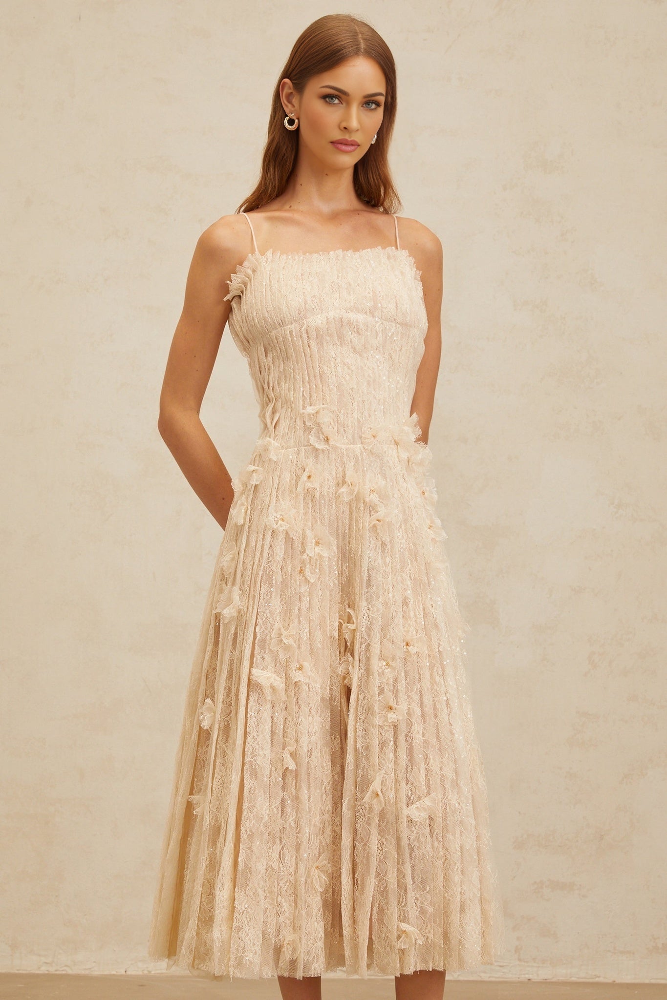 Kayla Midi Dress - Square Neck - Spaghetti Straps - Pleated Design - Bead & Sequin Detail - Floral Lace