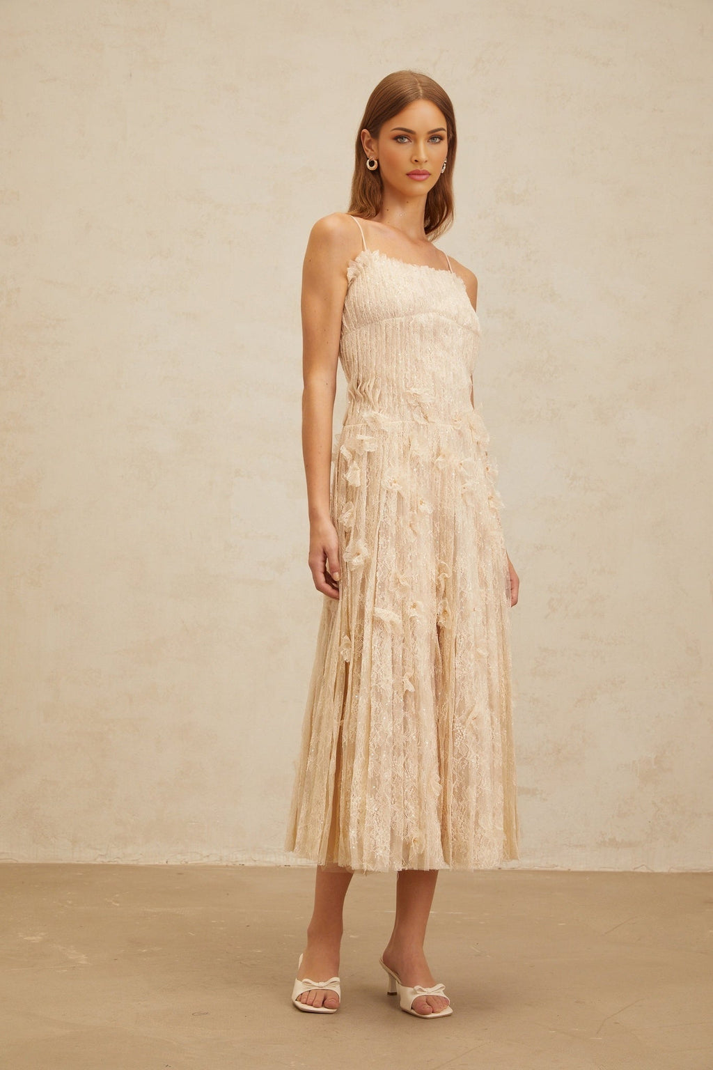 Kayla Midi Dress - Square Neck - Spaghetti Straps - Pleated Design - Bead & Sequin Detail - Floral Lace
