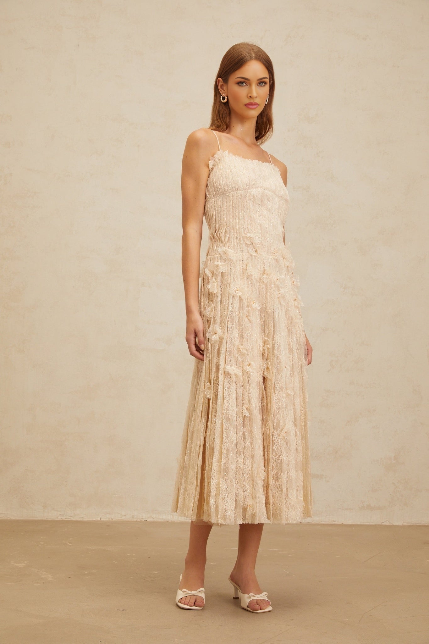 Kayla Midi Dress - Square Neck - Spaghetti Straps - Pleated Design - Bead & Sequin Detail - Floral Lace