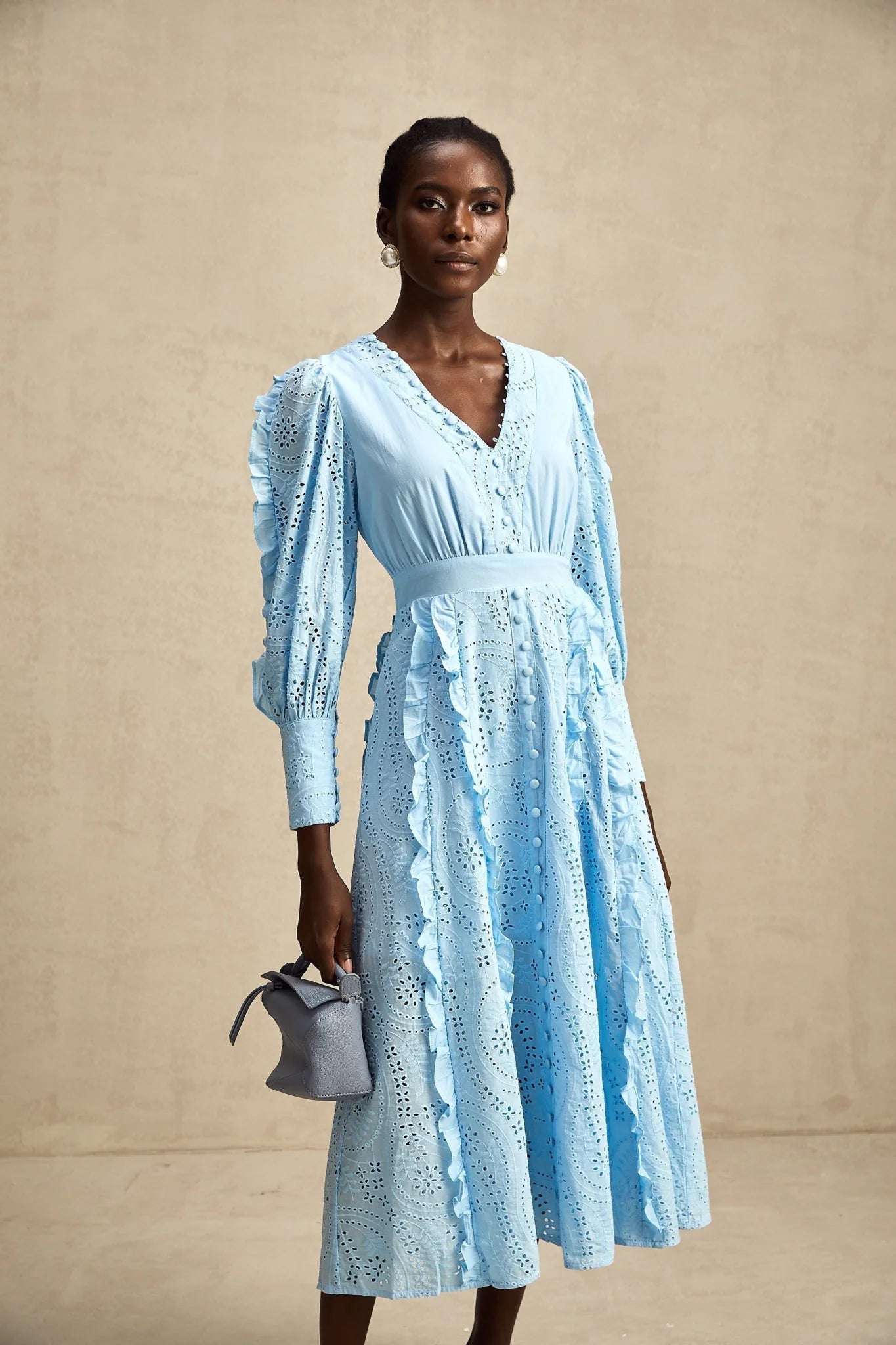 Kayla Midi Dress - V - neck - Long Balloon Sleeves - Ruffled and Open - work Detailing
