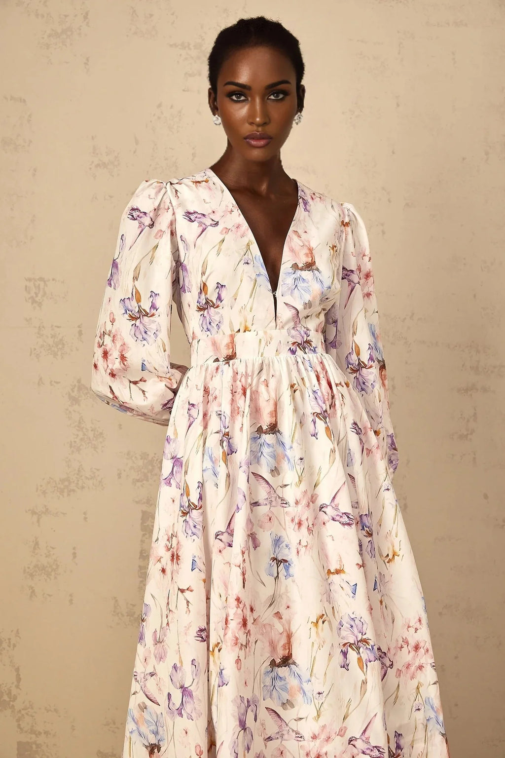 Kayla Midi Dress White Floral Print V - Neck Cinched Waist Puff Sleeves