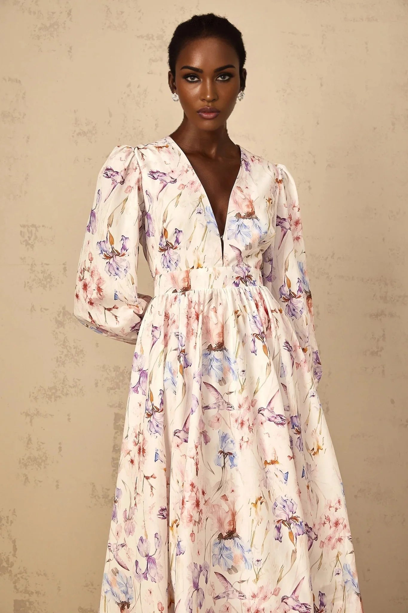 Kayla Midi Dress White Floral Print V - Neck Cinched Waist Puff Sleeves