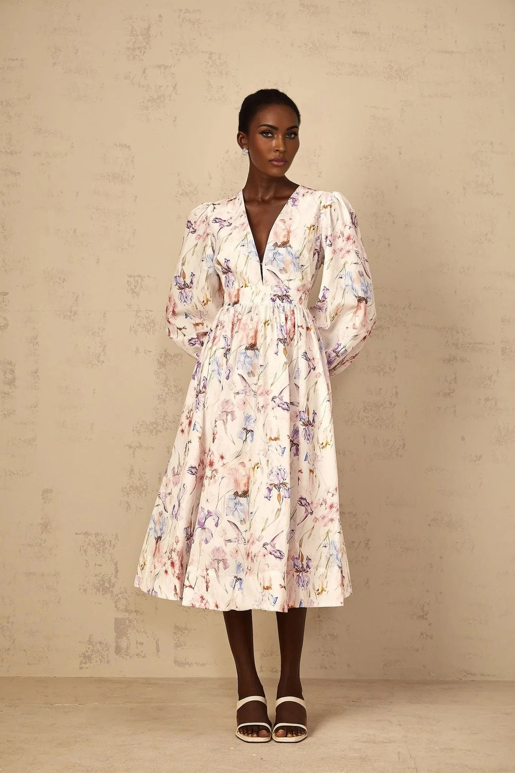 Kayla Midi Dress White Floral Print V - Neck Cinched Waist Puff Sleeves