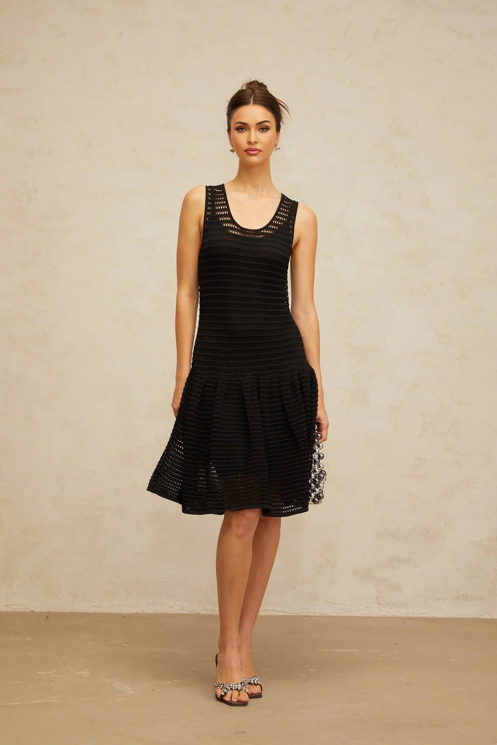 Kayla Mini Dress Black Flounced Knit & U - neck