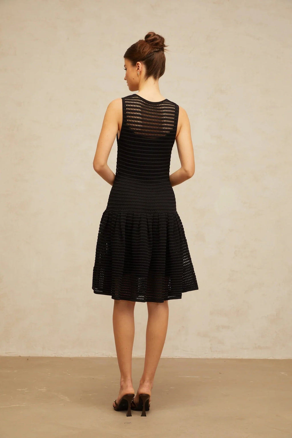 Kayla Mini Dress Black Flounced Knit & U - neck