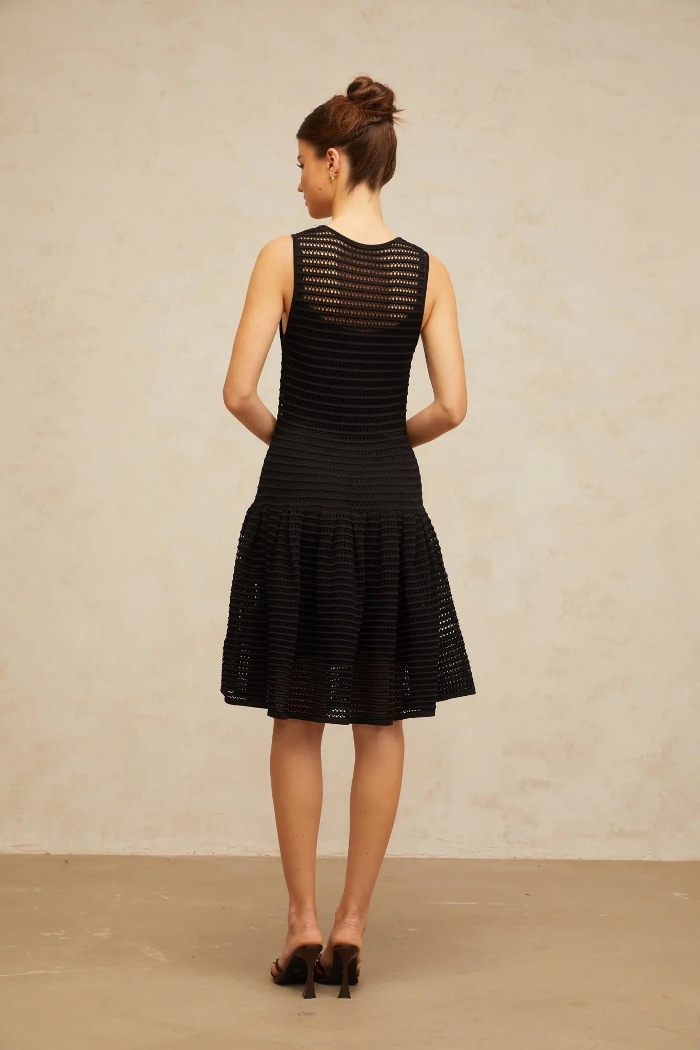 Kayla Mini Dress Black Flounced Knit & U - neck