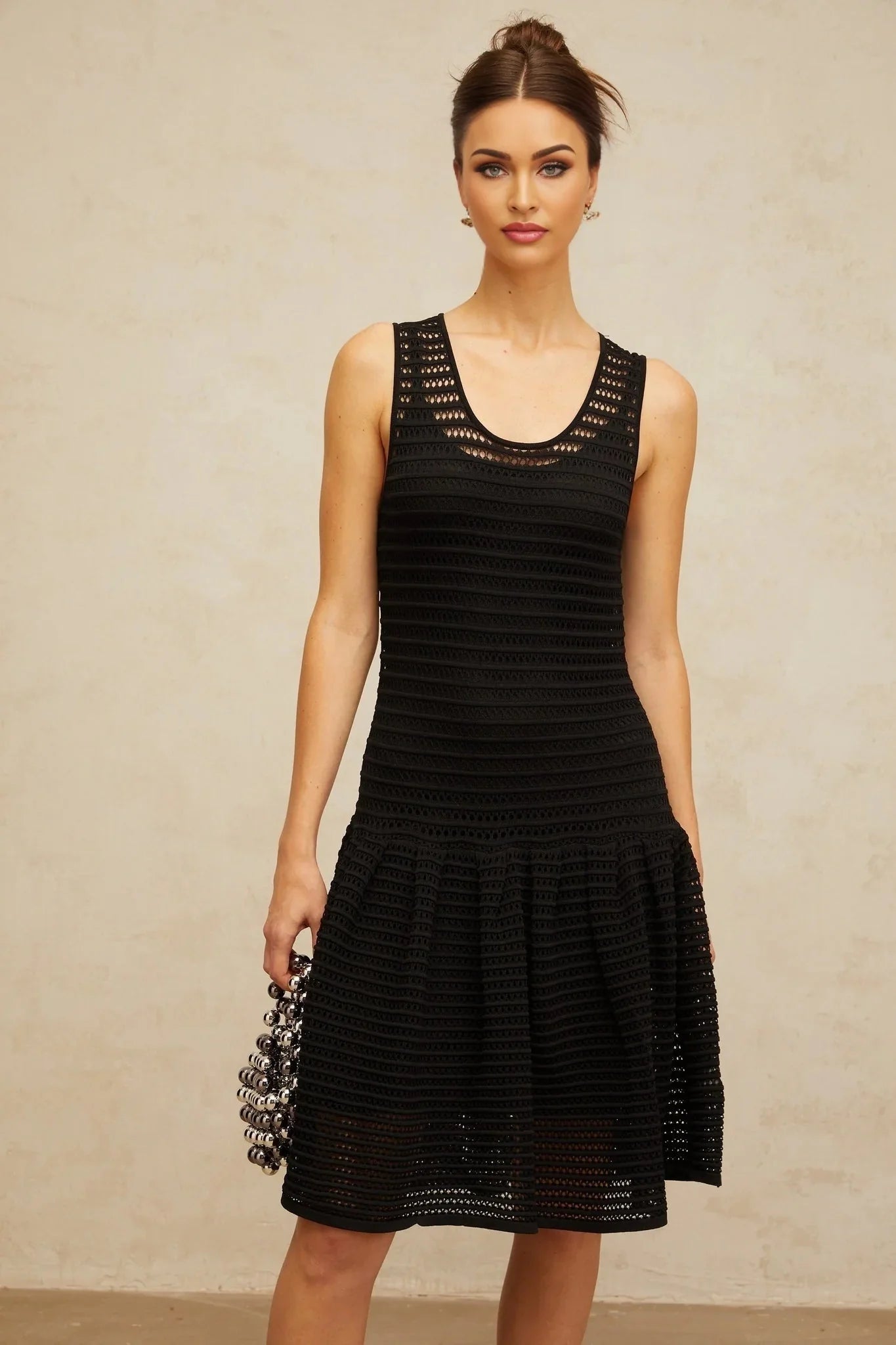 Kayla Mini Dress Black Flounced Knit & U - neck