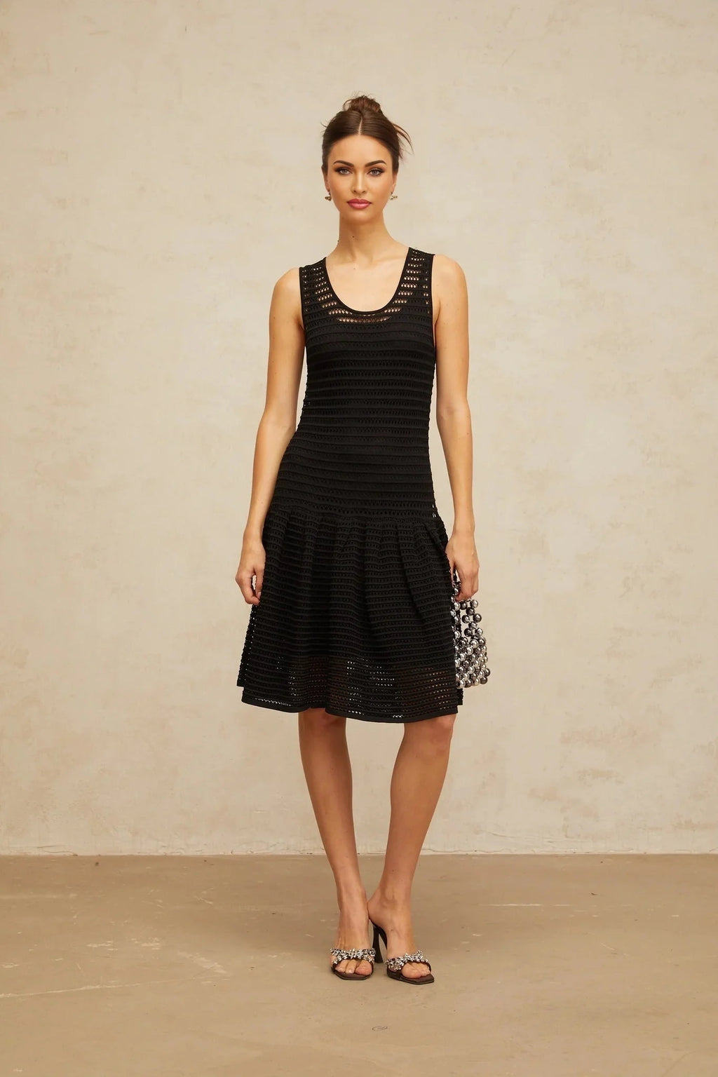 Kayla Mini Dress Black Flounced Knit & U - neck