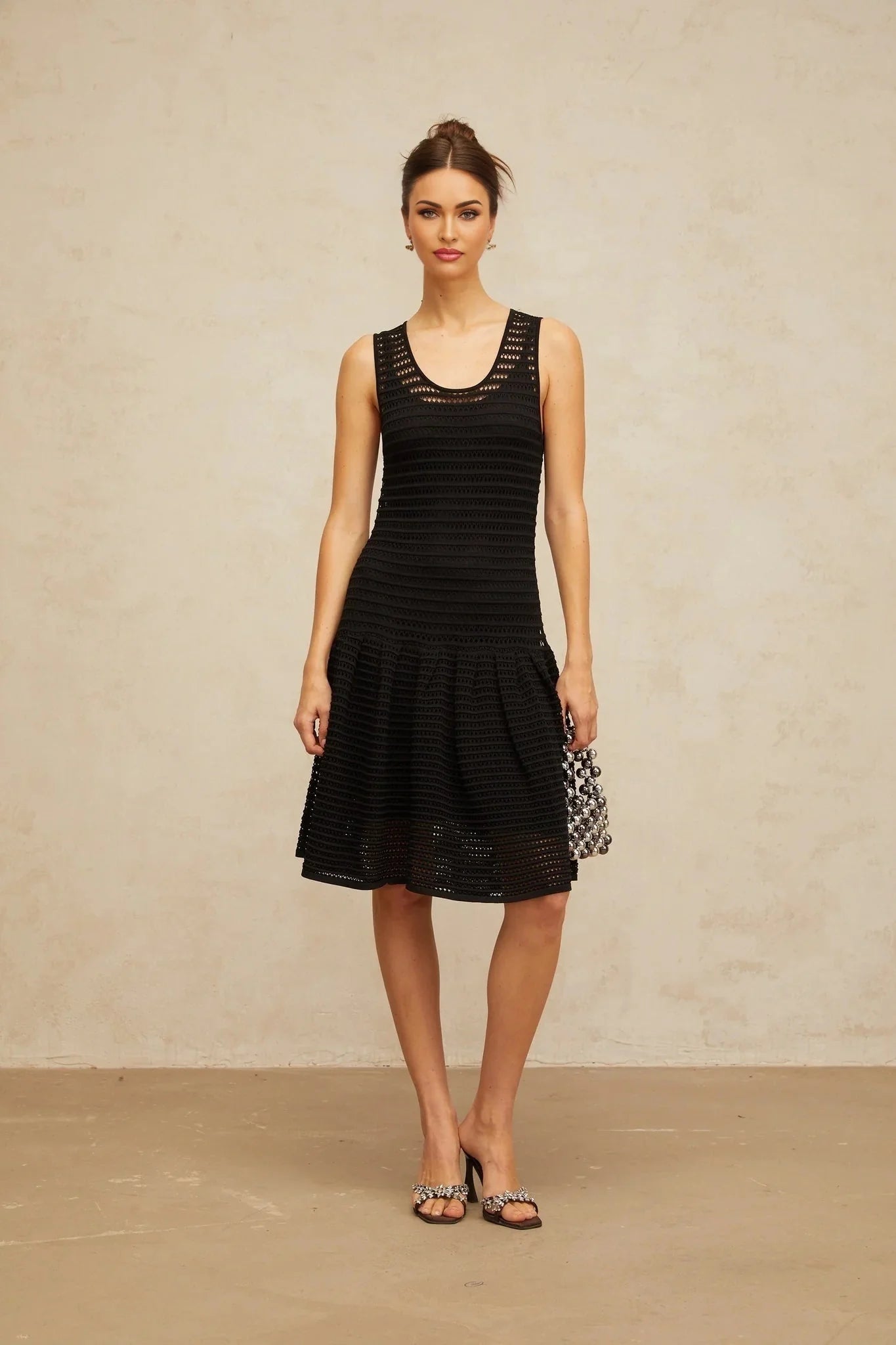 Kayla Mini Dress Black Flounced Knit & U - neck