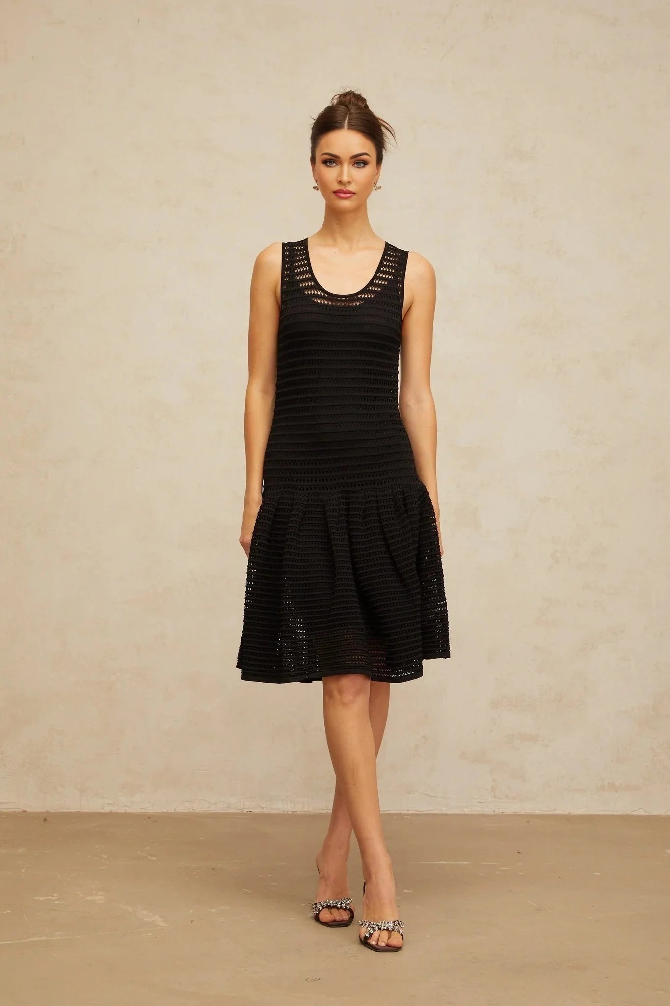 Kayla Mini Dress Black Flounced Knit & U - neck