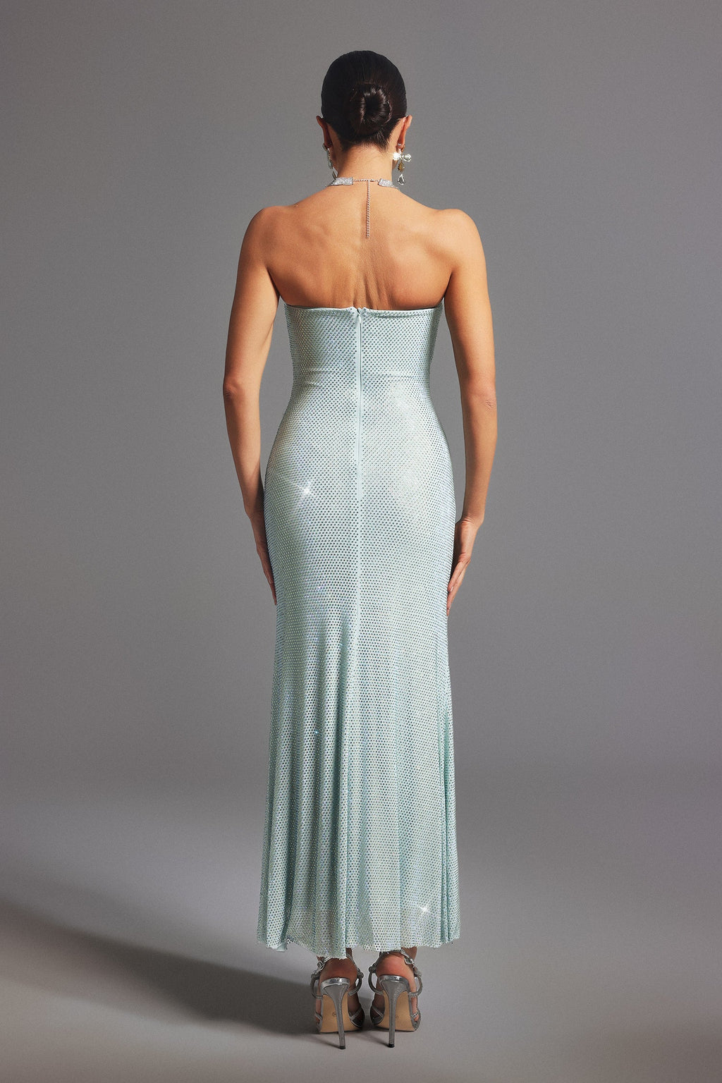 Kayla Silver Strapless Maxi Dress with Bow Detailing and Cut-Out Accents
