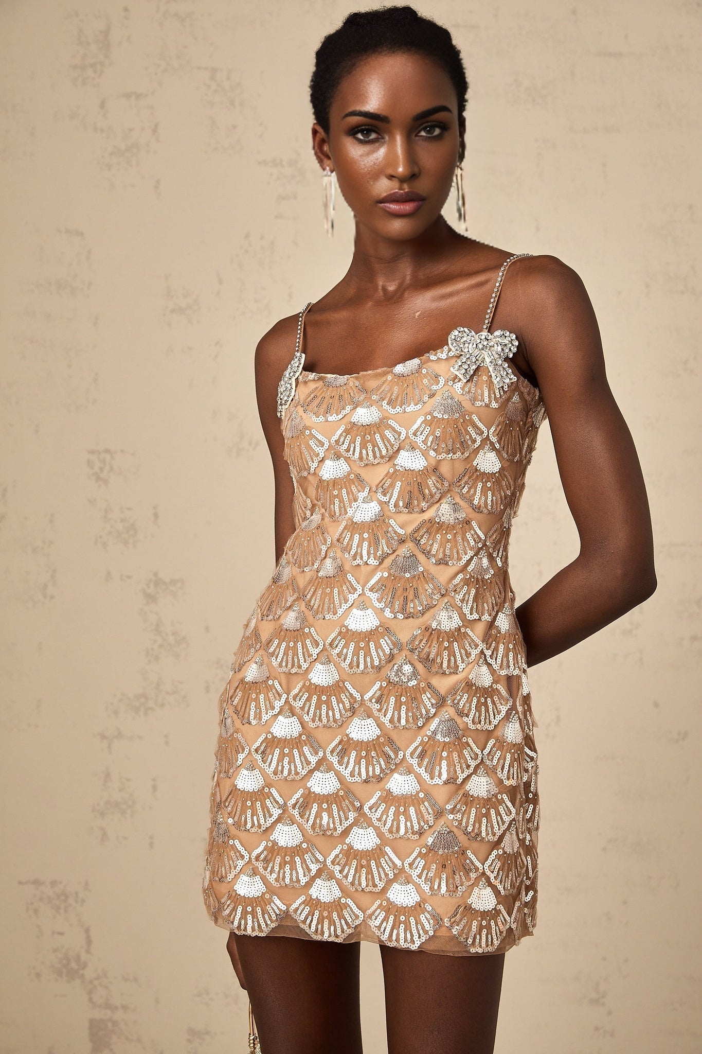 Kayleigh Mini Dress - Sleeveless Square Neck Sequin Bow Embellishment