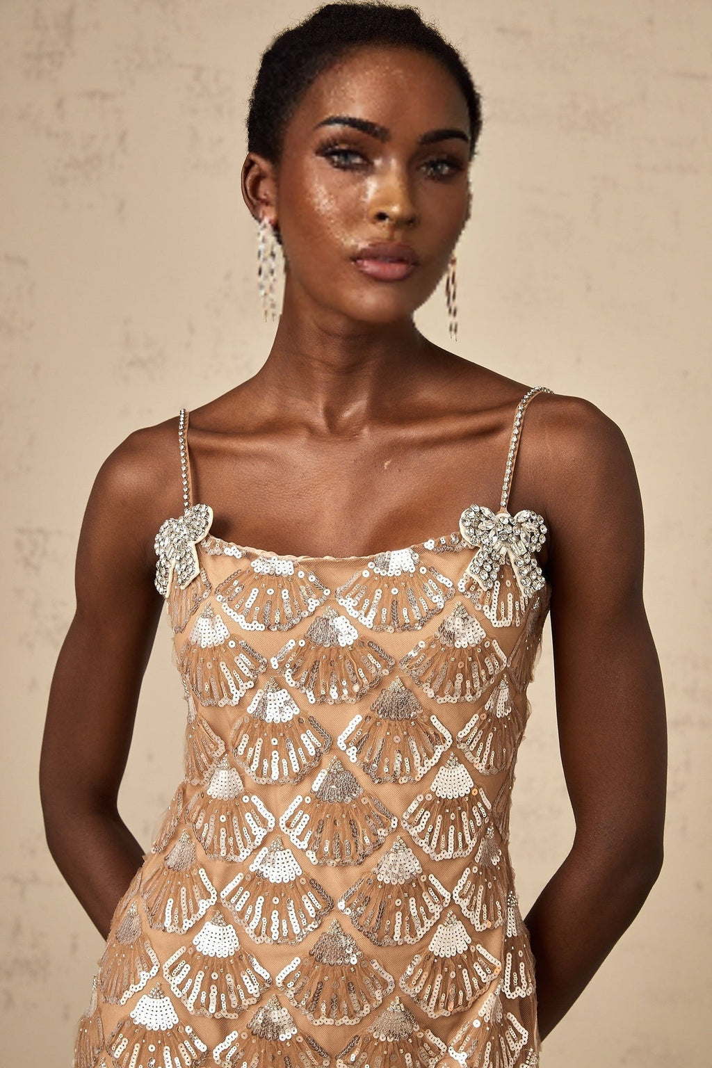 Kayleigh Mini Dress - Sleeveless Square Neck Sequin Bow Embellishment
