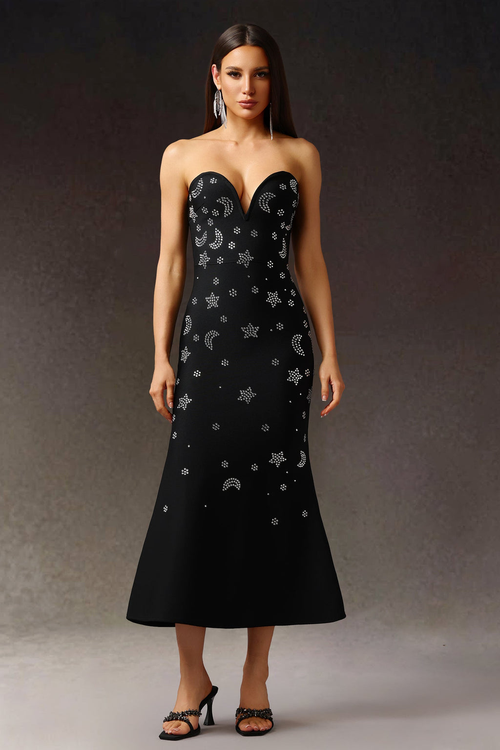 Kaylie Black Embellished V-Neck Fishtail Dress