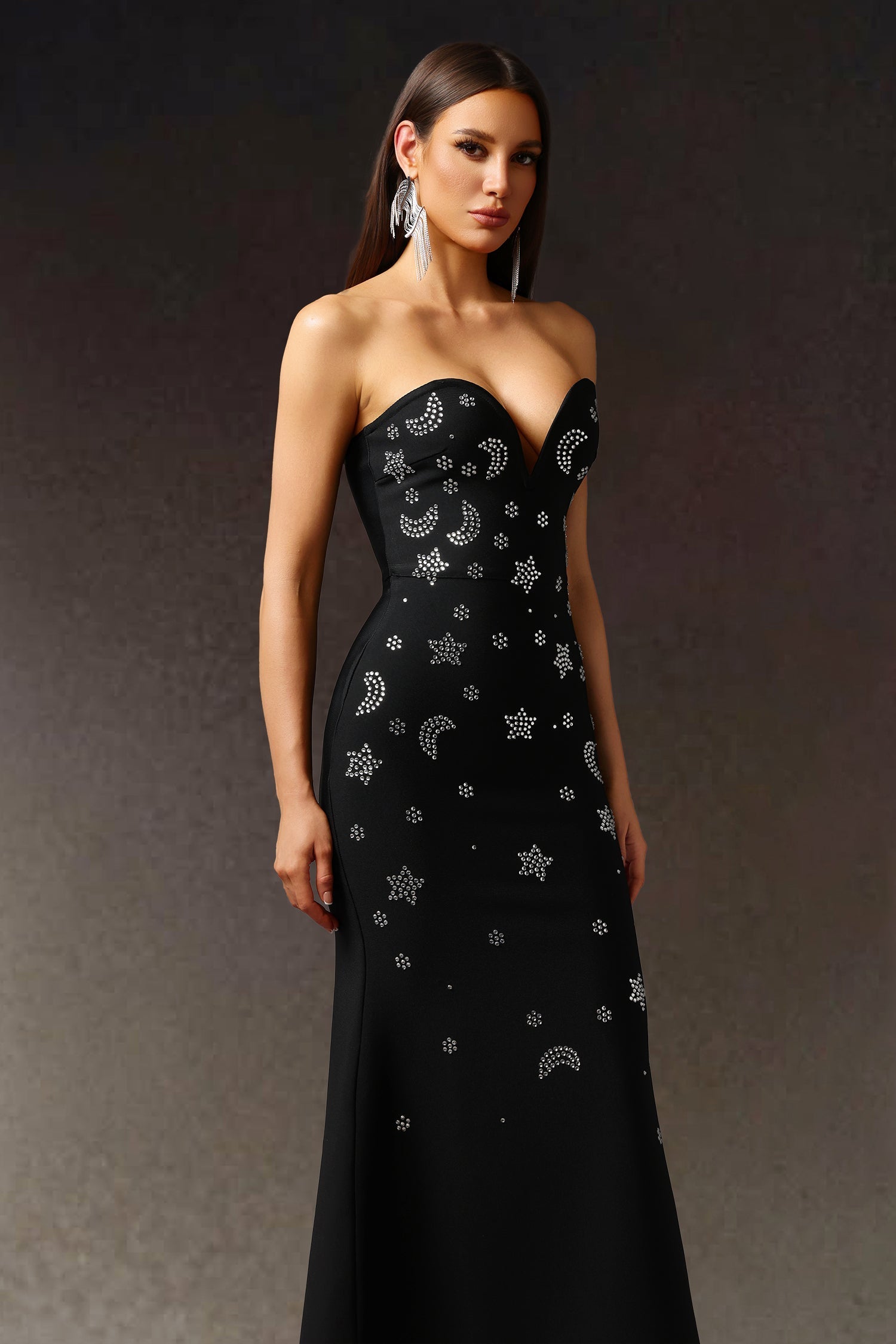Kaylie Black Embellished V-Neck Fishtail Dress