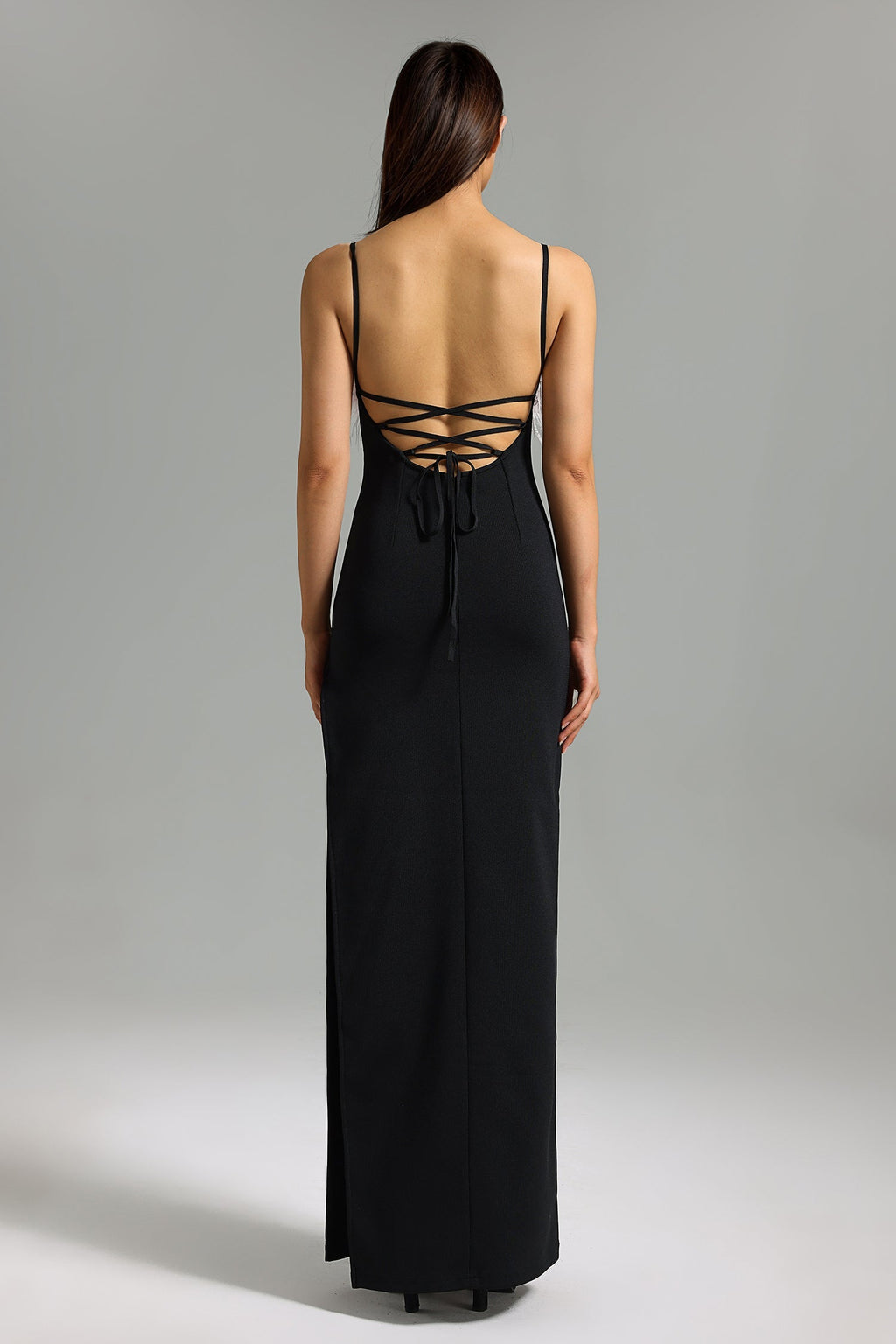 Kaylie Black Maxi Dress with Feather Detailing and Side Slit for Upscale Occasions