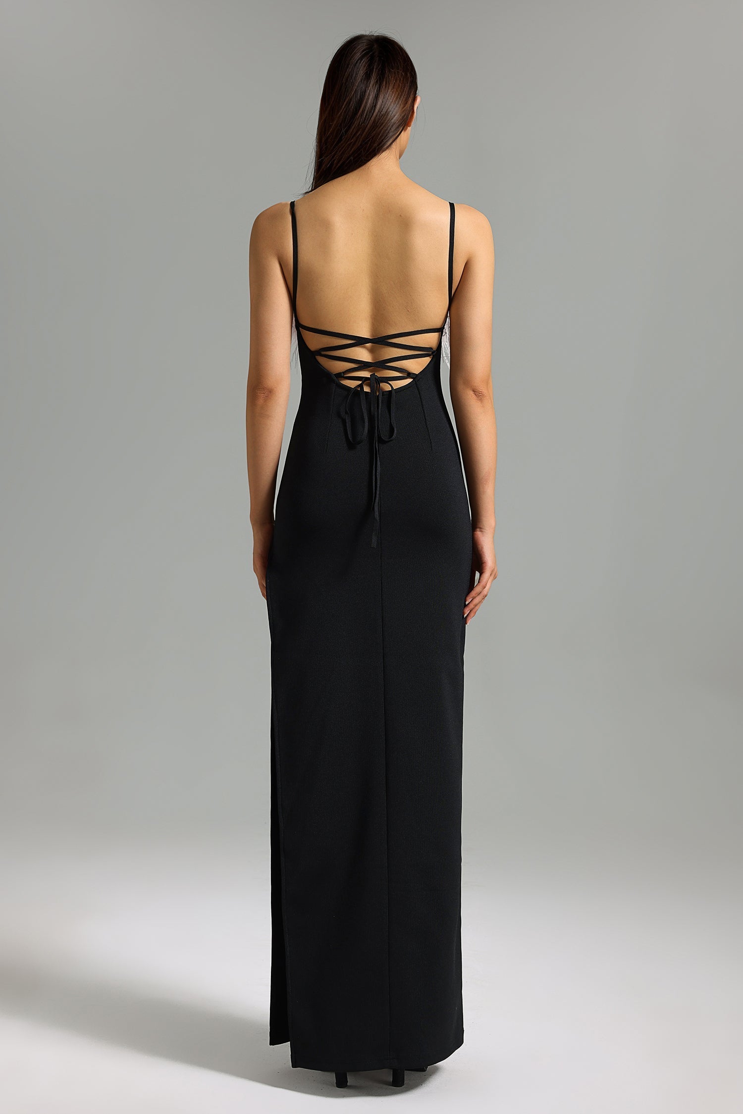 Kaylie Black Maxi Dress with Feather Detailing and Side Slit for Upscale Occasions