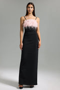 Kaylie Black Maxi Dress with Feather Detailing and Side Slit for Upscale Occasions