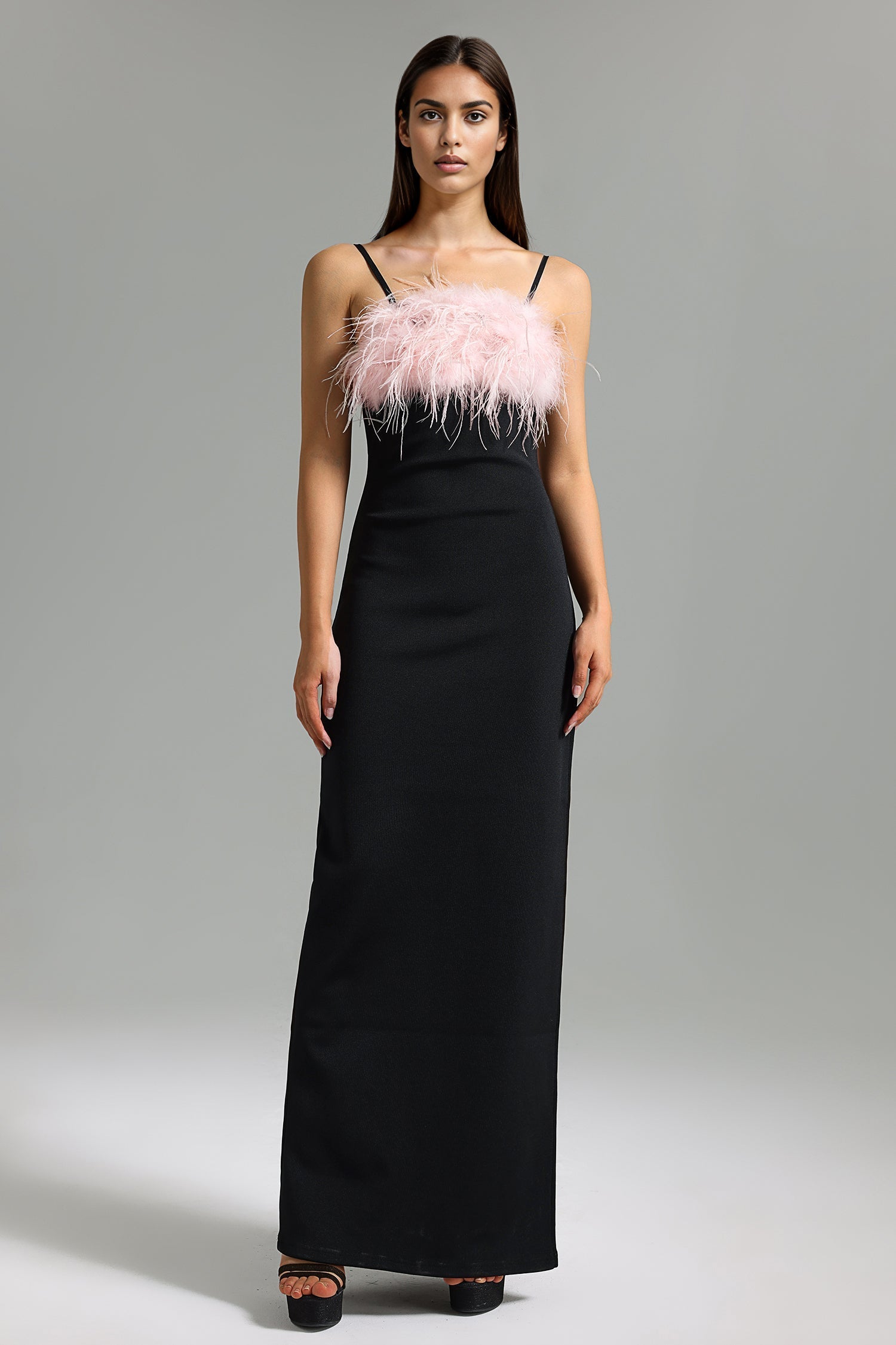 Kaylie Black Maxi Dress with Feather Detailing and Side Slit for Upscale Occasions