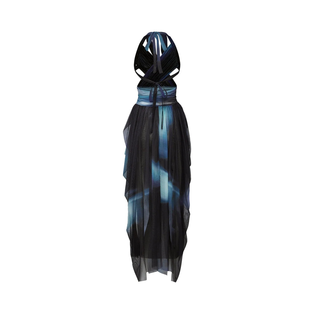 Kaylie Blue to Black Ombre Maxi Dress with Pleats, Halter Bustier and Slit