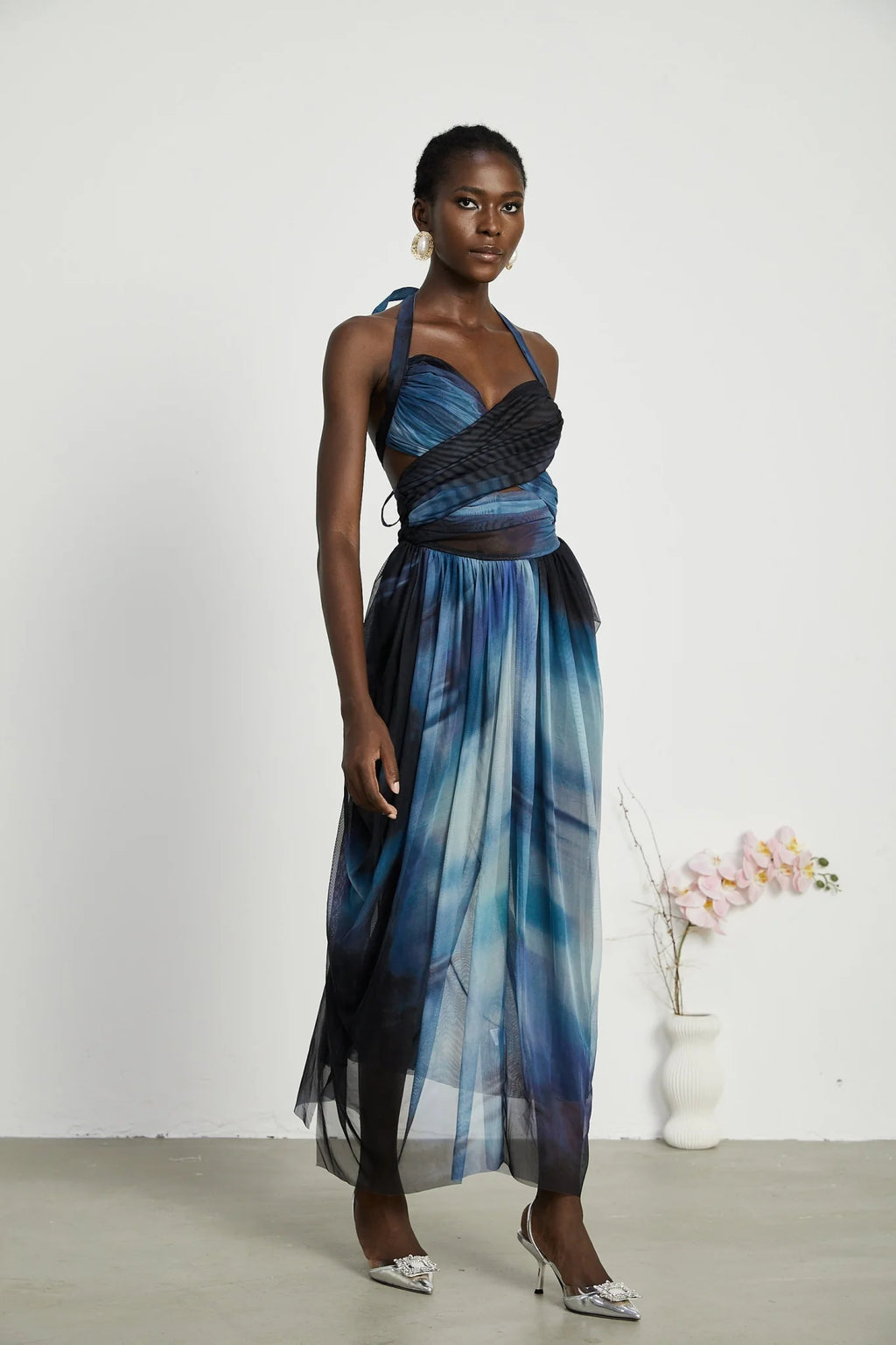 Kaylie Blue to Black Ombre Maxi Dress with Pleats, Halter Bustier and Slit