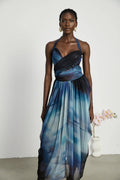 Kaylie Maxi Dress - Sleeveless Halter Neck - Bustier Style with Cut - Outs - Pleated with Side Slit - Ombre Design