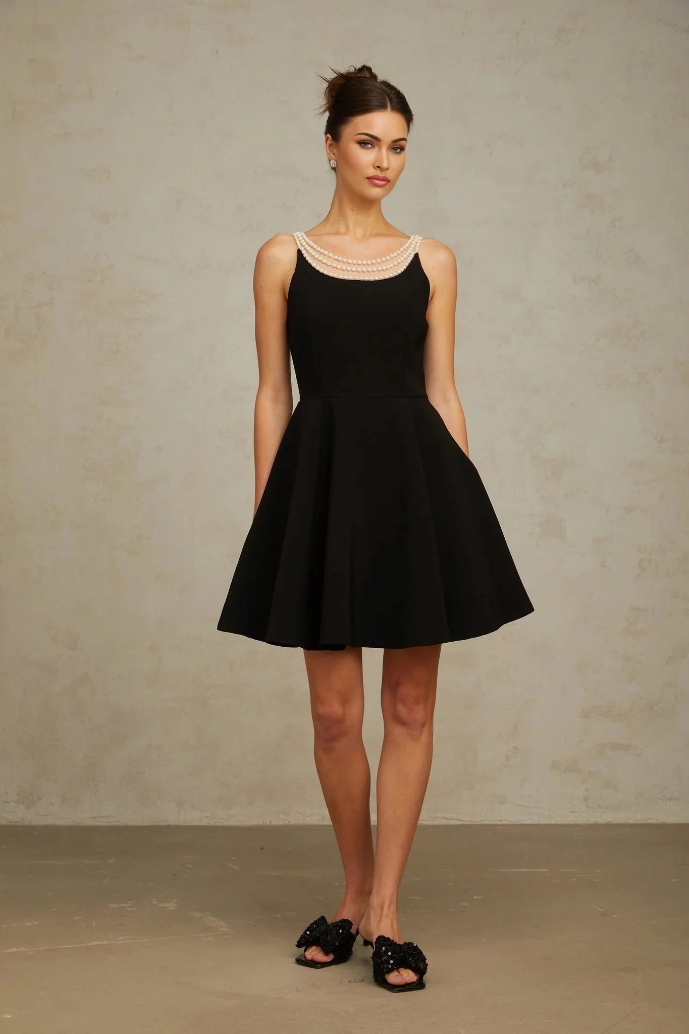 Kaylie Mini Dress Black Faux - Pearl Embellished Flounce Hem