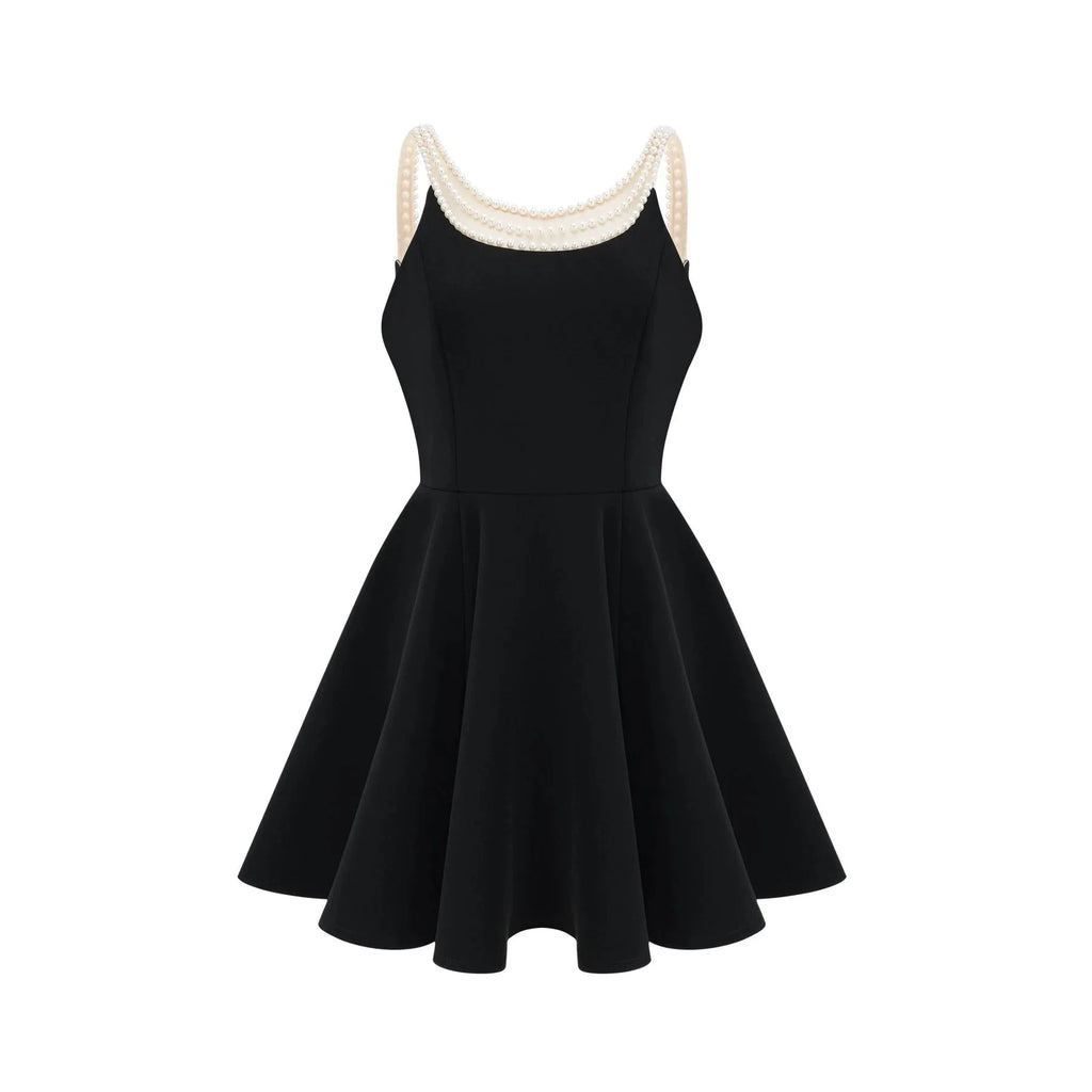 Kaylie Mini Dress Black Faux - Pearl Embellished Flounce Hem