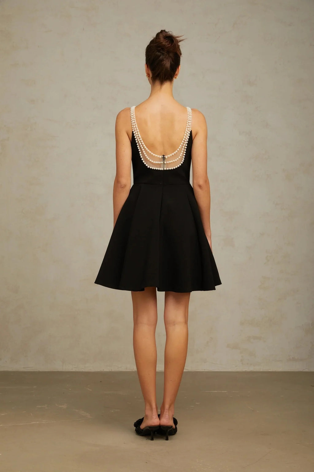 Kaylie Mini Dress Black Faux - Pearl Embellished Flounce Hem