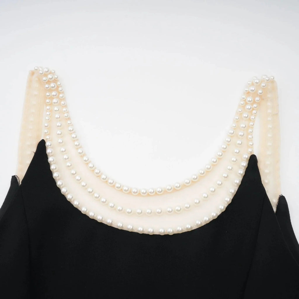 Kaylie Mini Dress Black Faux - Pearl Embellished Flounce Hem