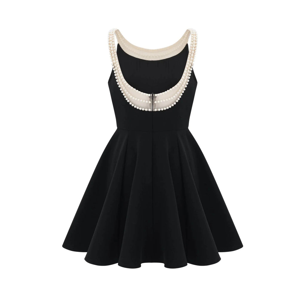 Kaylie Mini Dress Black Faux - Pearl Embellished Flounce Hem