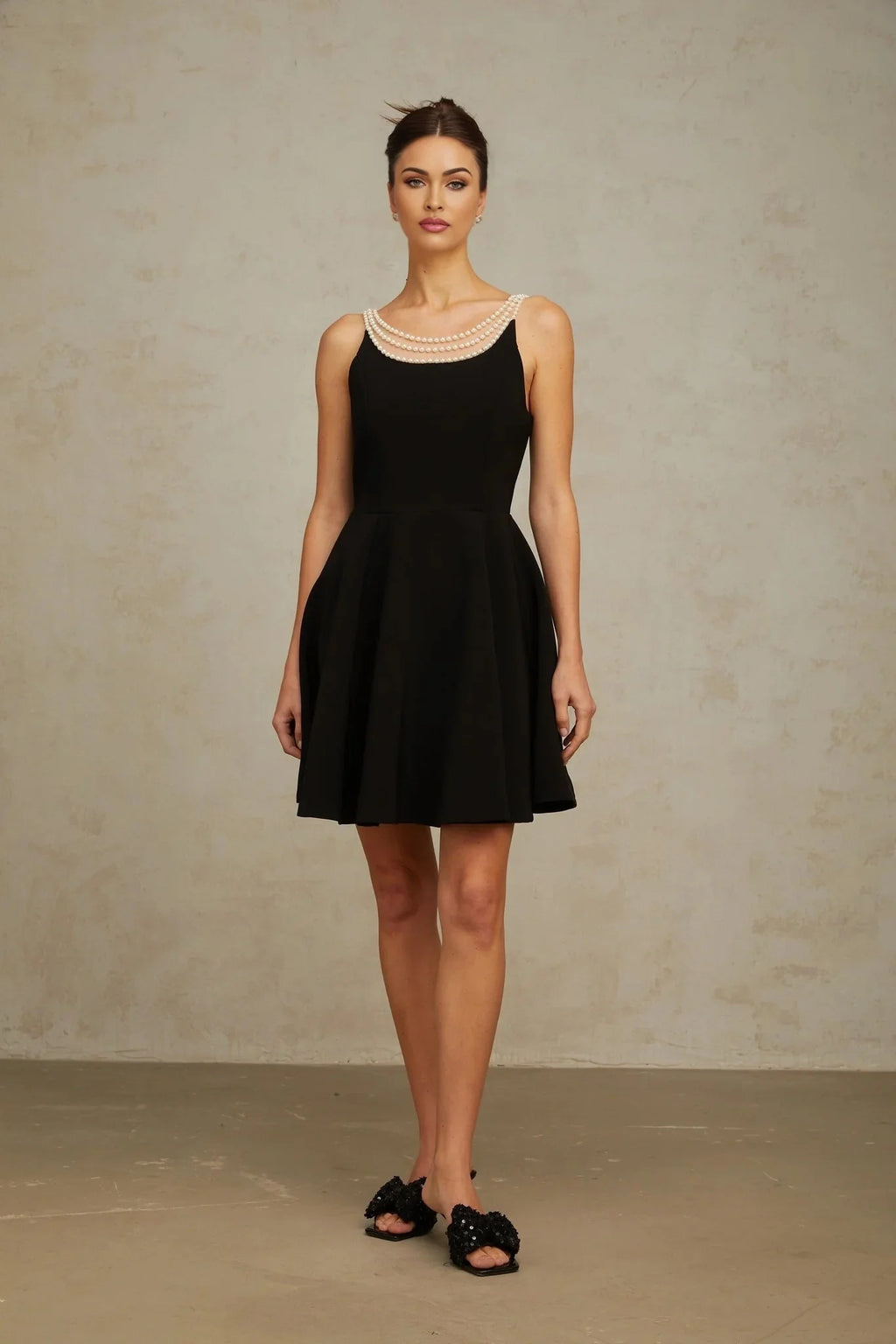 Kaylie Mini Dress Black Faux - Pearl Embellished Flounce Hem