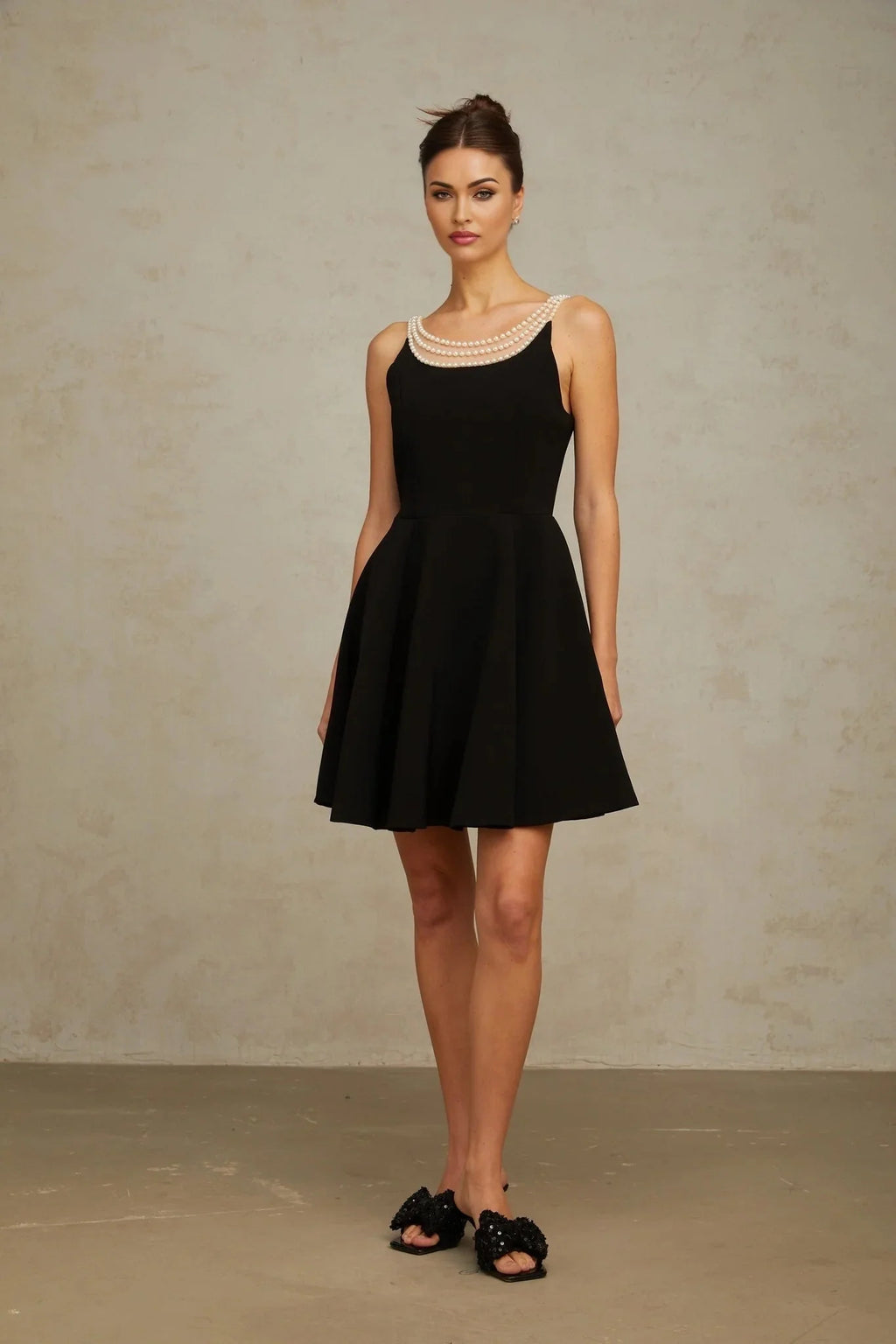 Kaylie Mini Dress Black Faux - Pearl Embellished Flounce Hem