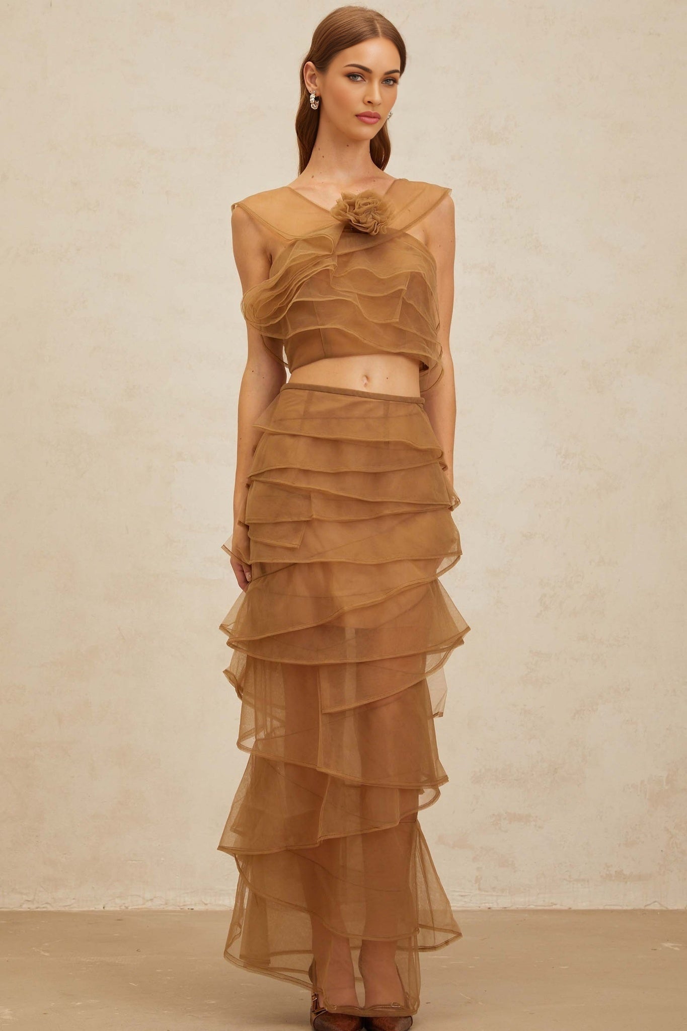 Kaylie Top & Skirt - Sleeveless - Layered Design - 3D - Petal Detailing - Cropped - Maxi Length