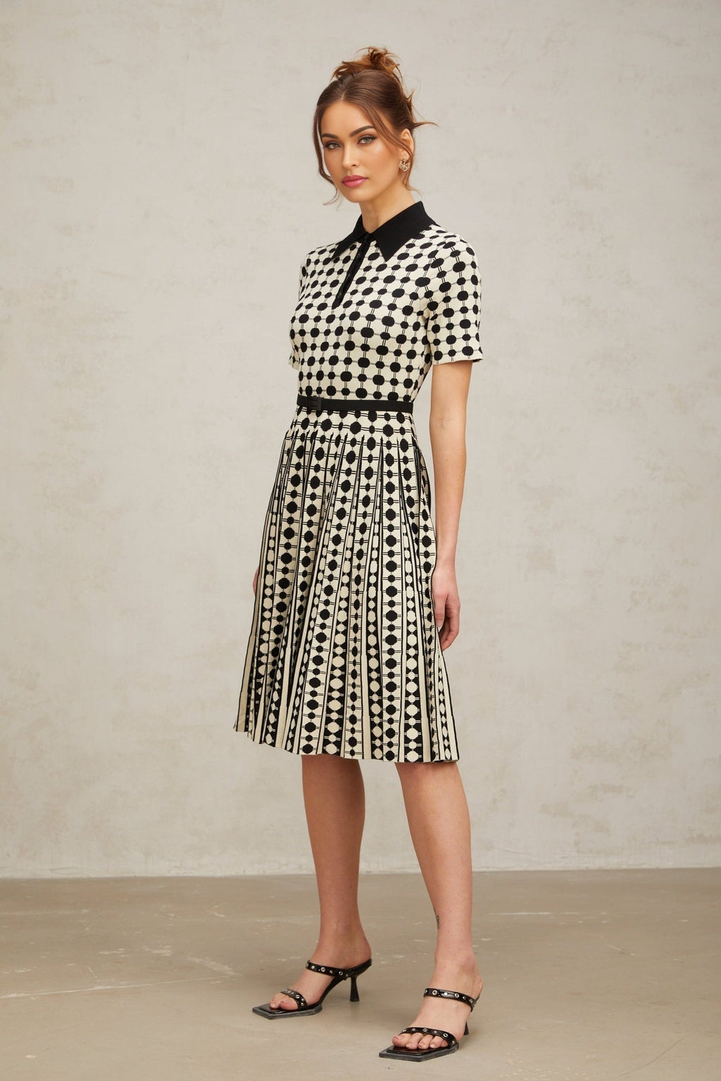 Kendra Midi Dress Black White Polkadot Knit Button Detail Calf Length