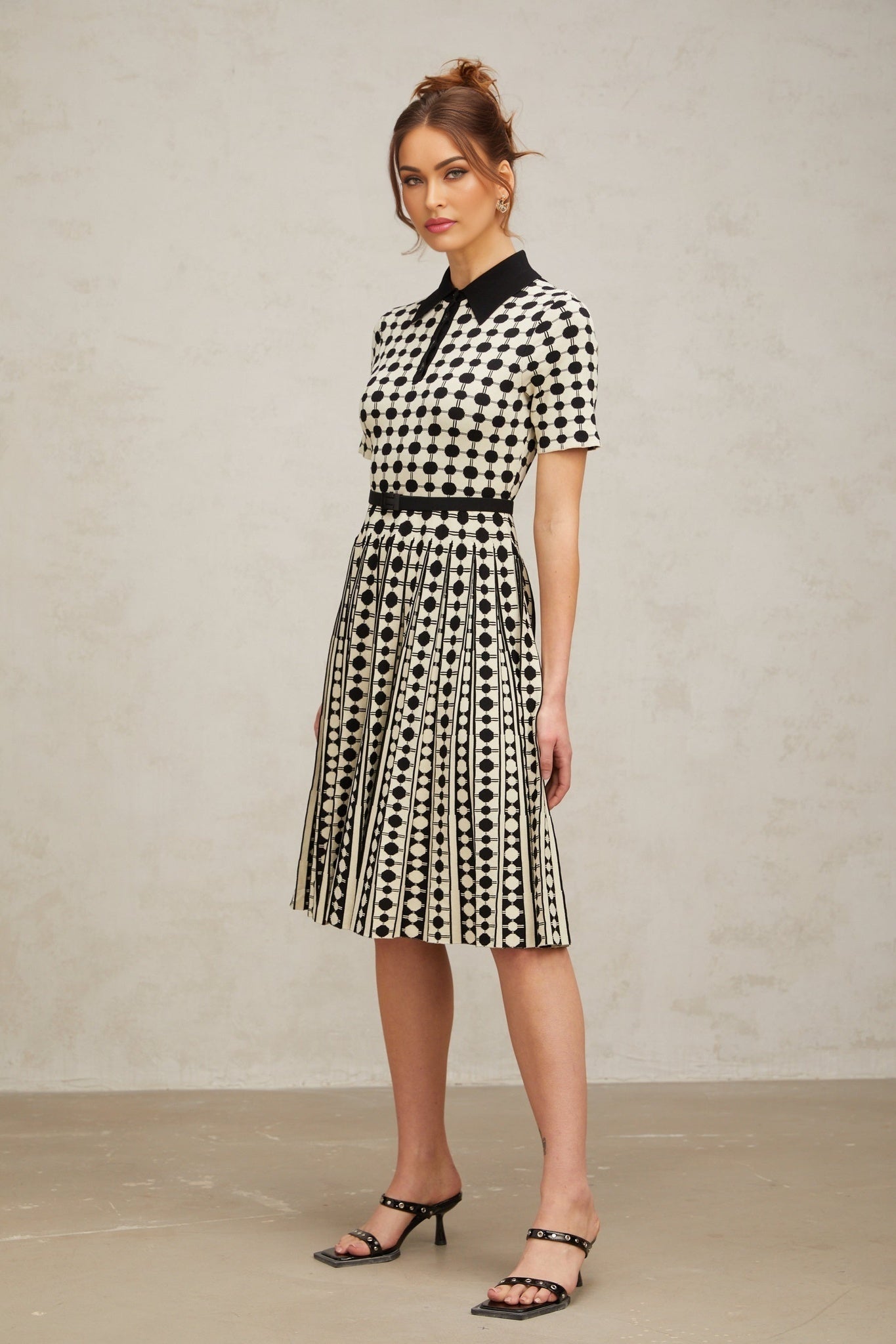 Kendra Midi Dress Black White Polkadot Knit Button Detail Calf Length