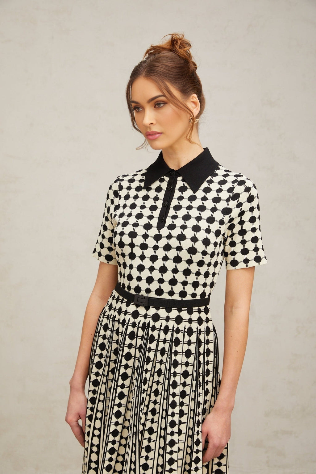 Kendra Midi Dress Black White Polkadot Knit Button Detail Calf Length