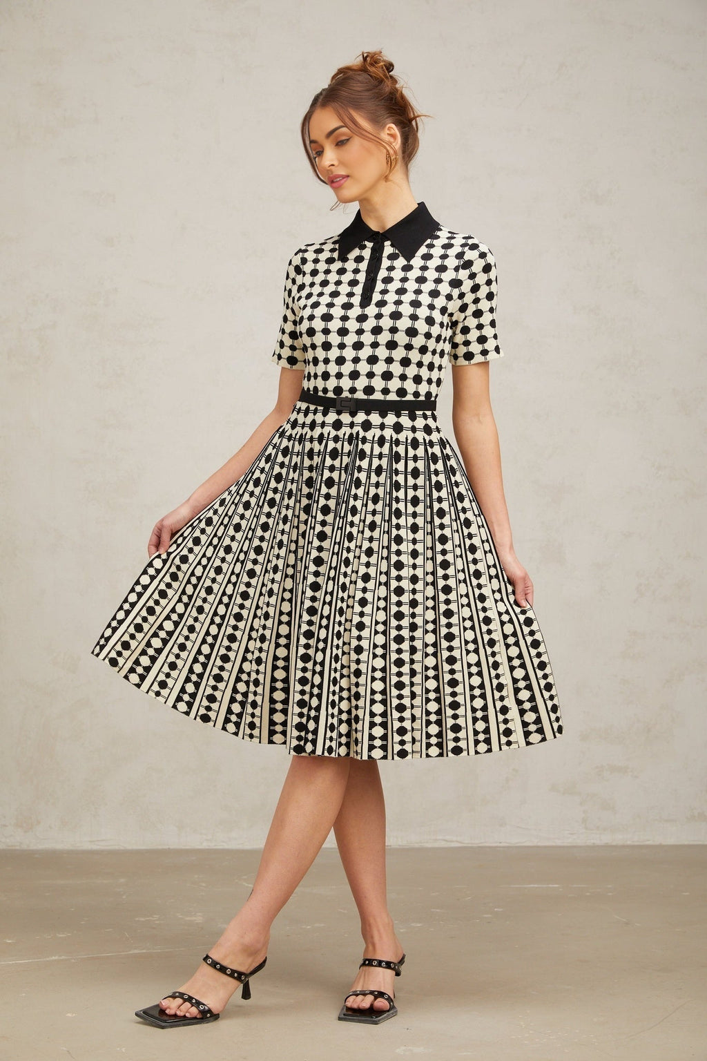 Kendra Midi Dress Black White Polkadot Knit Button Detail Calf Length