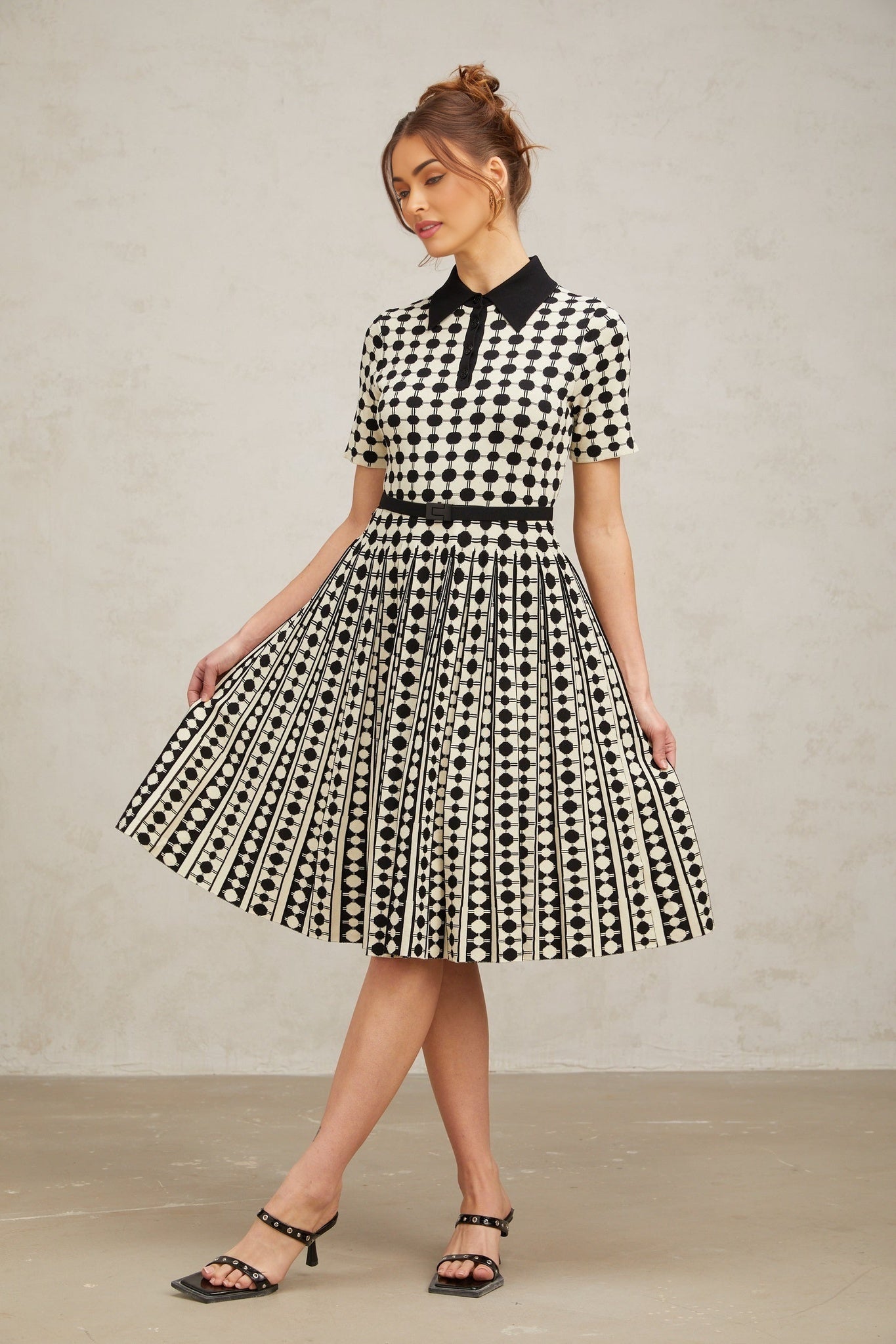 Kendra Midi Dress Black White Polkadot Knit Button Detail Calf Length